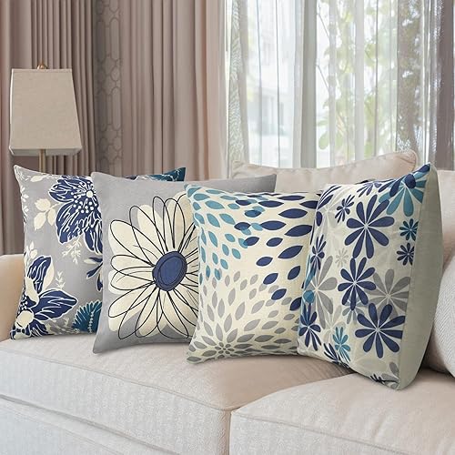 Miniatura 6 de Baidast Juego de 4 fundas de almohada azules de 16 x 16 pulgadas, fundas decorativas para sofá, para interiores y exteriores, decoración del hogar