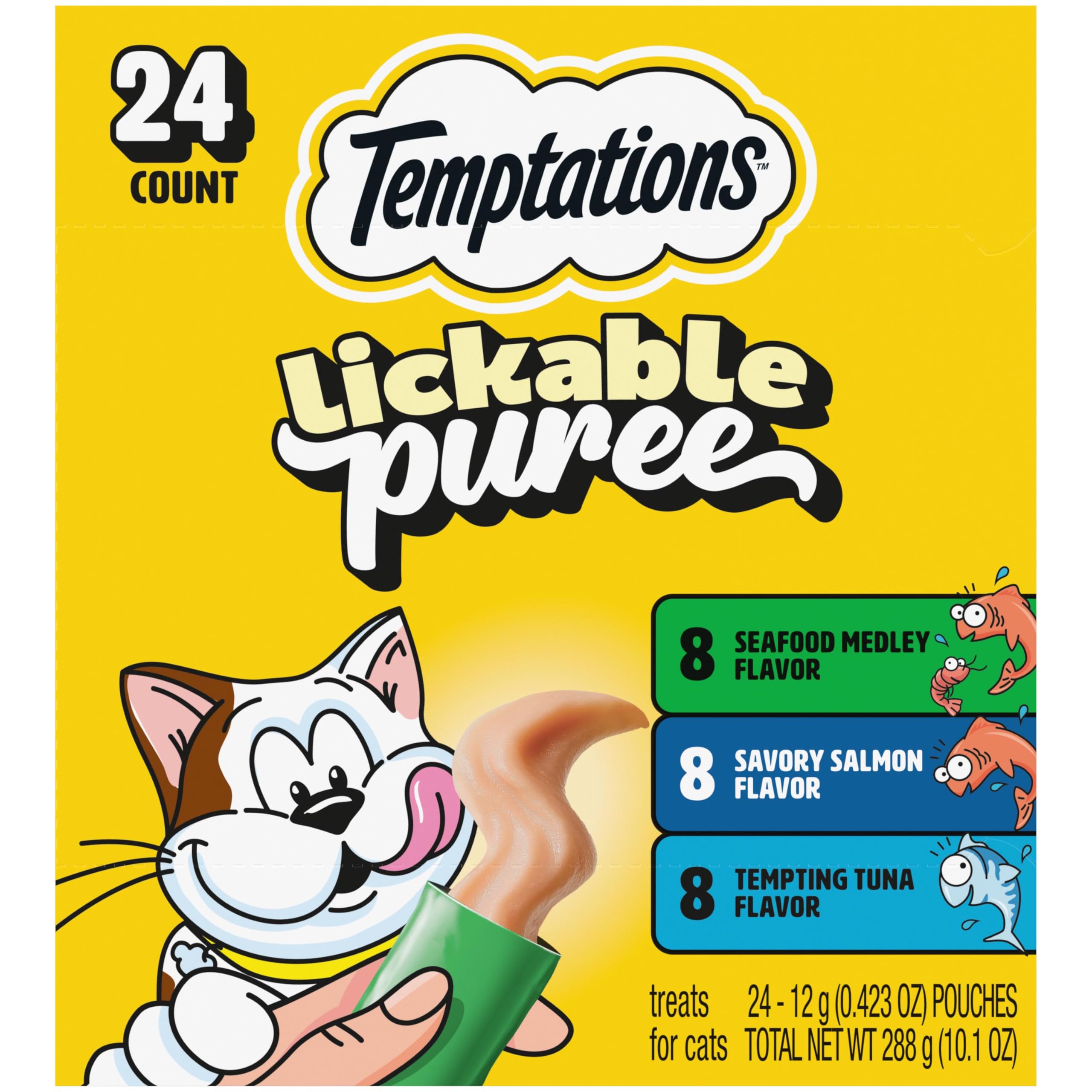Temptations Creamy Puree Squeezable Lickable Cat Treats, Wet Cat Treats with Tuna, Salmon, and Seafood Medley Variety Pack, 0.42 oz. Tubes, 24 Count