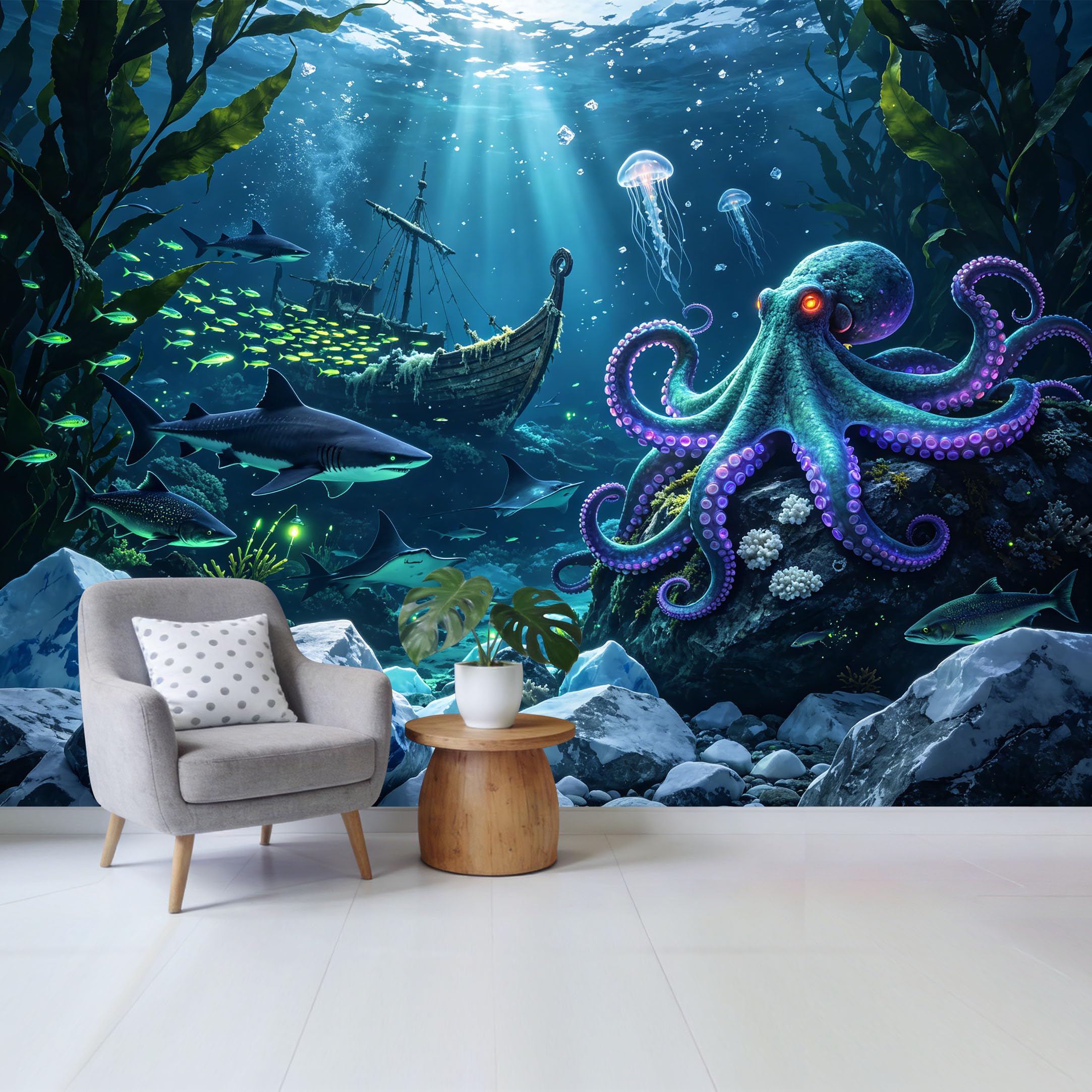 Custom Size Wall Mural Ocean Marine Underwater Scene Giant Octopus Shark Sunken Ship Jellyfish Removable Self Adhesive Fabric Home Wall Decor for Living Room Bedroom Bathroom