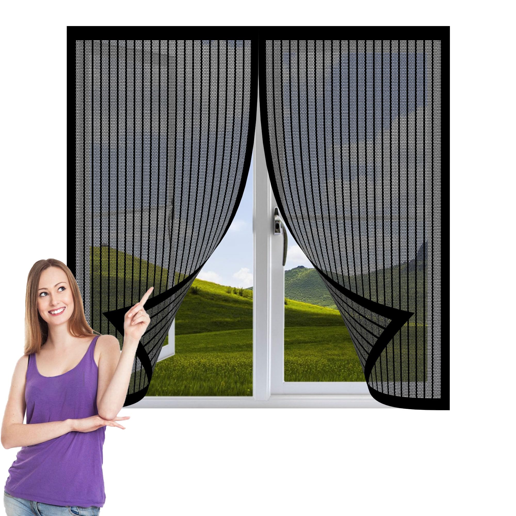 Fly Screens for Windows 122 x 146 cm Fly Screen Nets for Window Without Drilling Durable Transparent for Window, Black