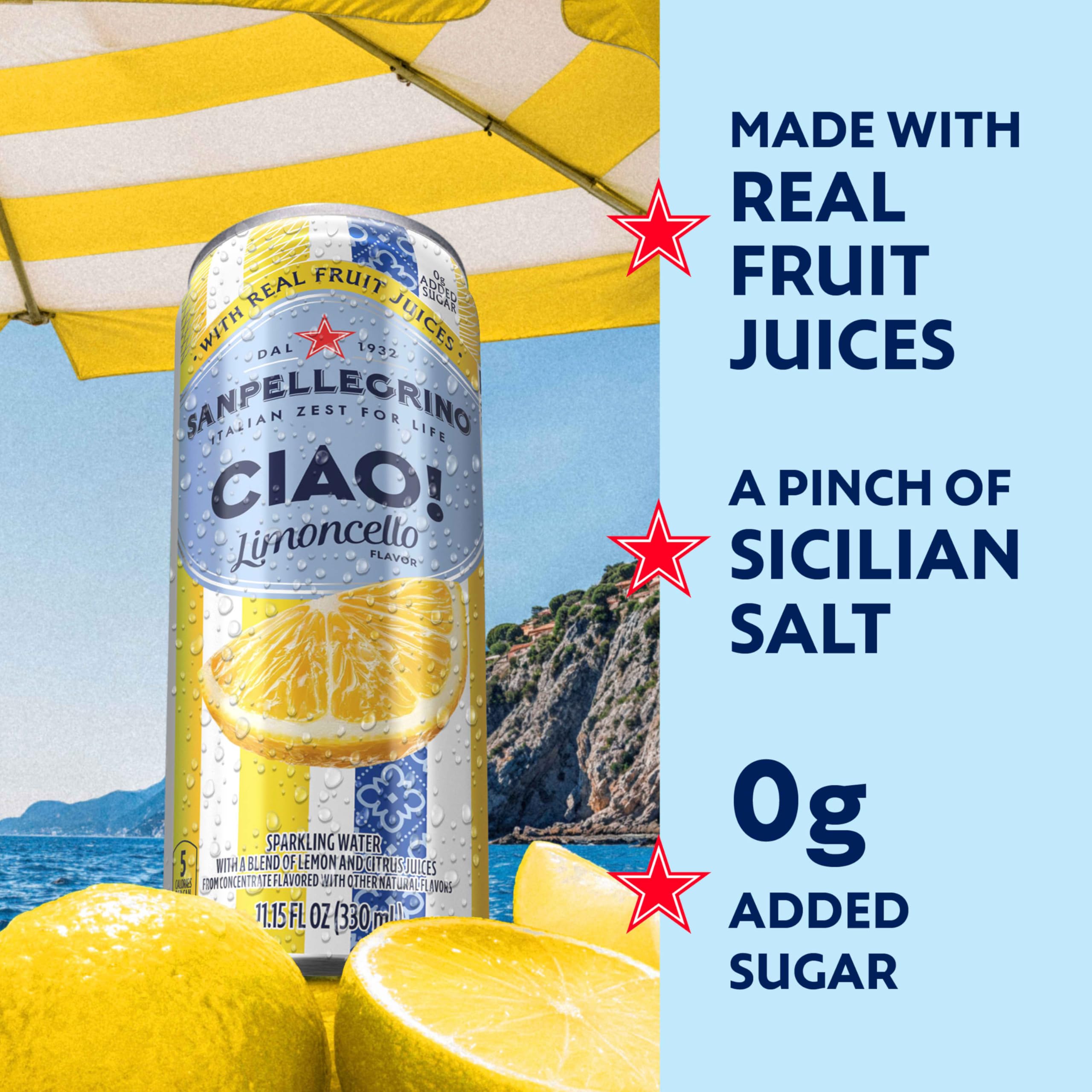Sanpellegrino Ciao Limoncello Flavored Sparkling Water, Italian Sparkling Water, 24Pk