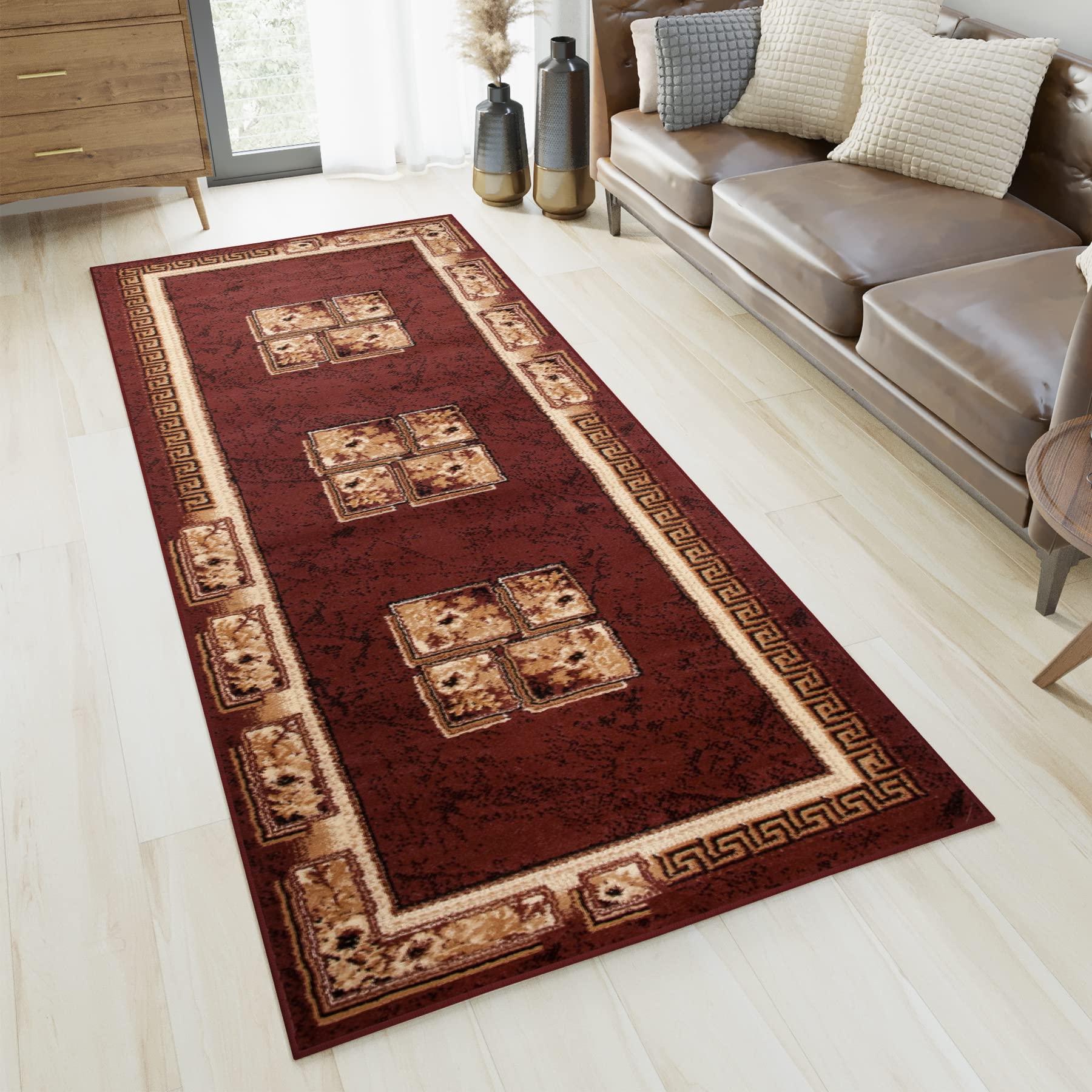 Tapiso Atlas chodnik z krótkim włosiem, designerski dywan do salonu, brązowy, beżowy, nowoczesny, kwiatowy, grecki wzór, do sypialni, Ökotex 80 x 300 cm