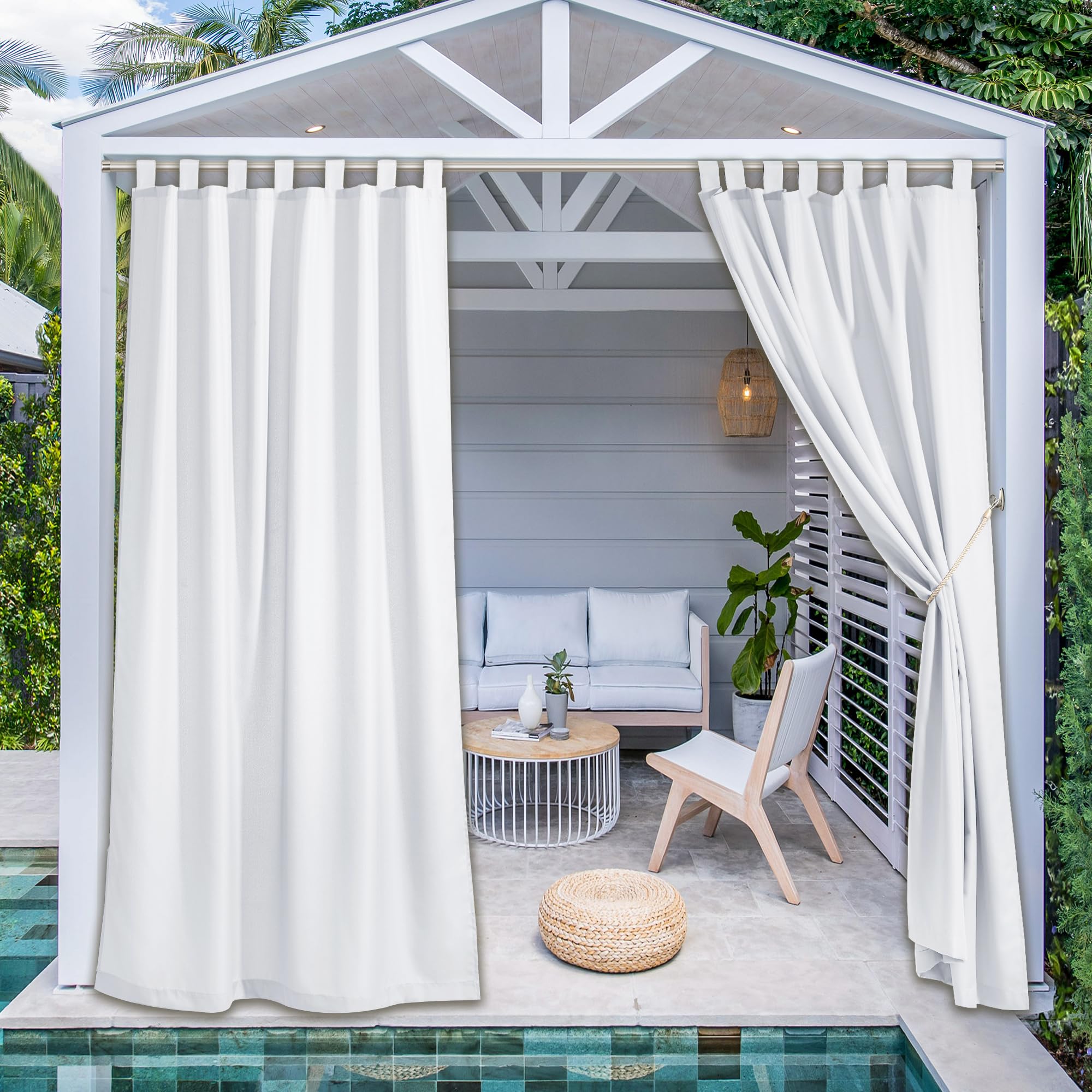 PONY DANCE Rideau Extérieur Terrasse - Rideau Impermeable avec Pattes Réglable Isolation Thermique Lumière Bloquer pour Pergola Jardin Patio, L 140 x H 240 cm, Blanc, 2 PCs