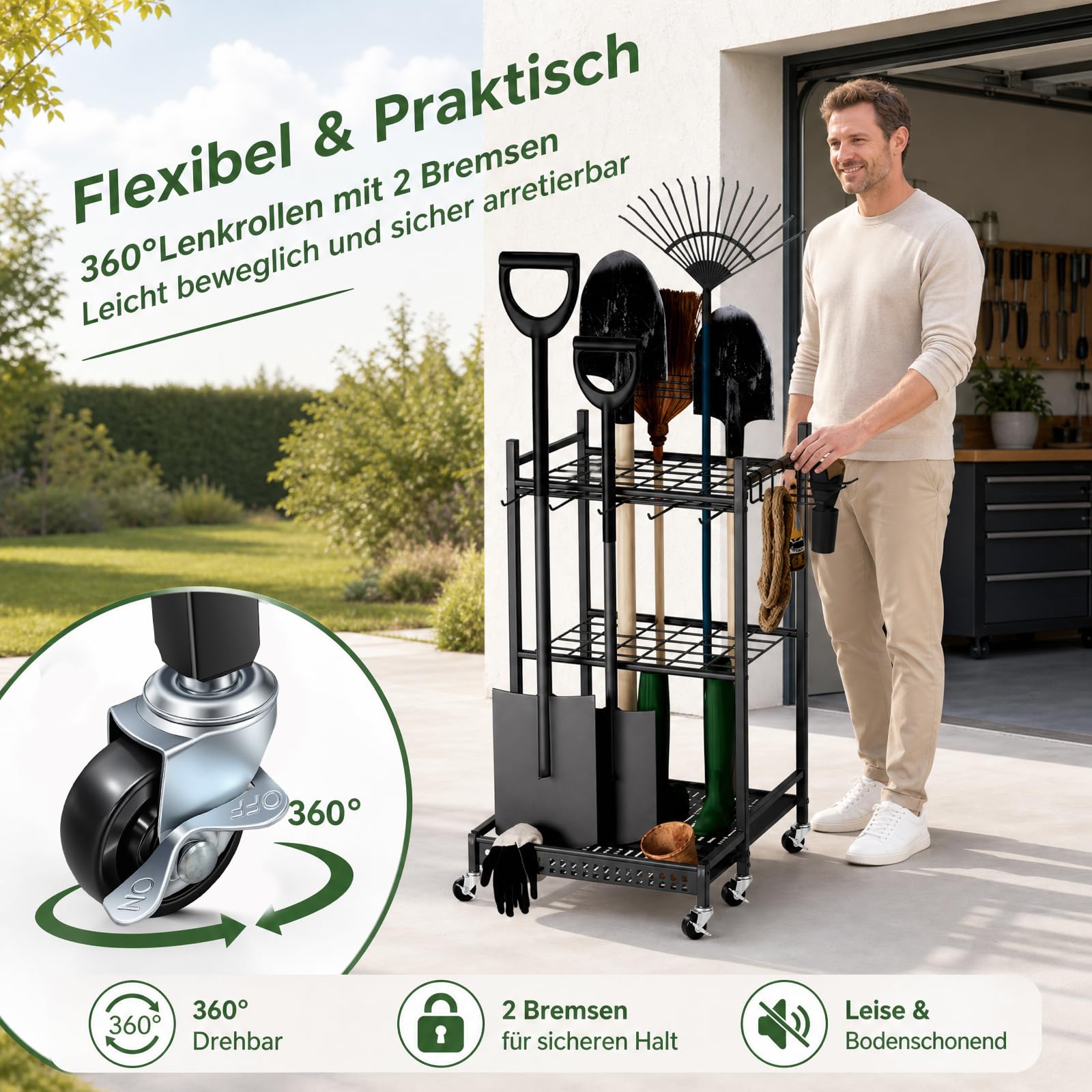 Gartenwerkzeug Organizer mit Rollen, Metall Gartengerätehalter Standregal