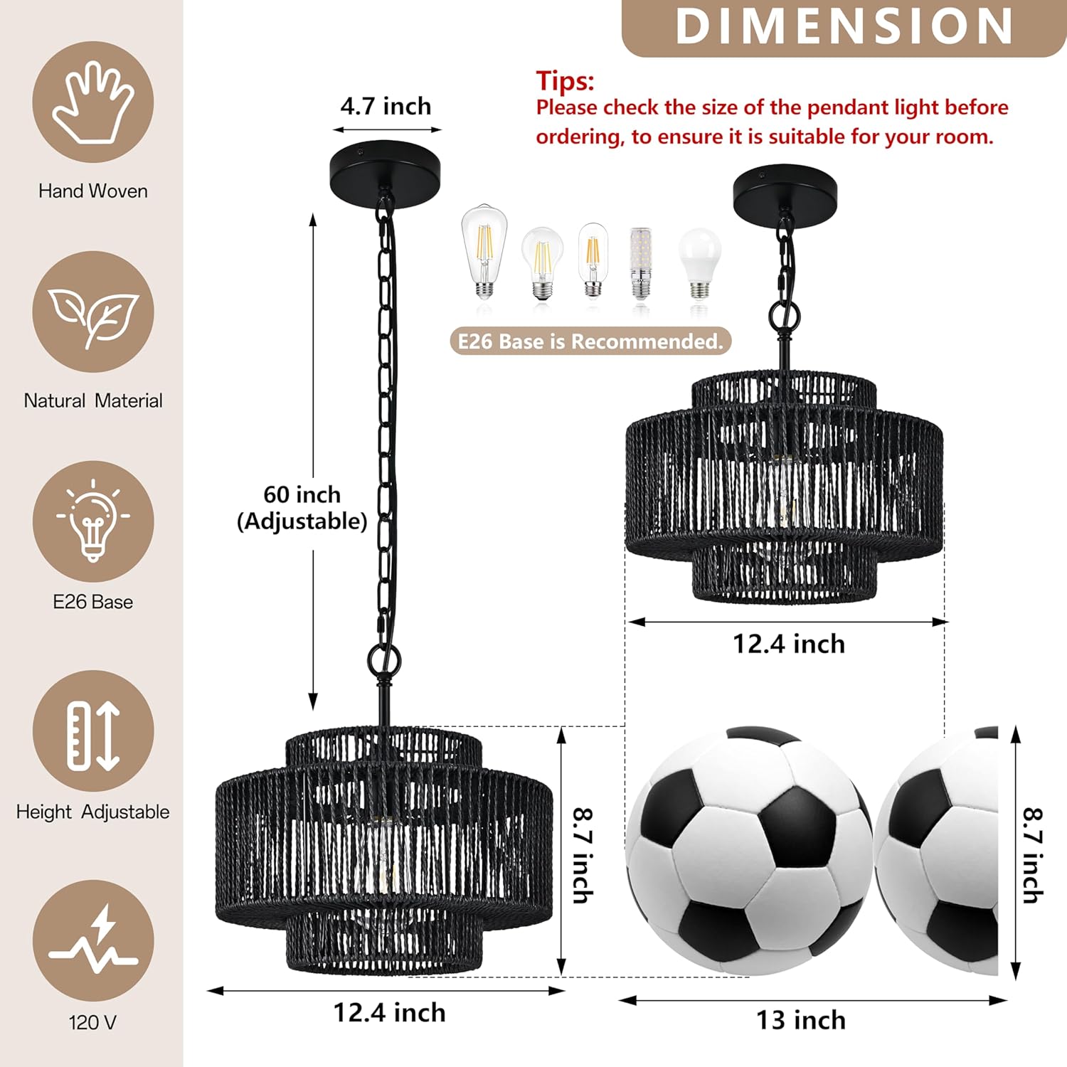 Bagood 12.4" Black Woven Pendant Light 1 Light Black Rattan Chandelier Hand-Woven Rattans Chandelier 3-Tier Rattan Pendant Farmhouse Chandeliers Light Fixture for Dining Room Living Room