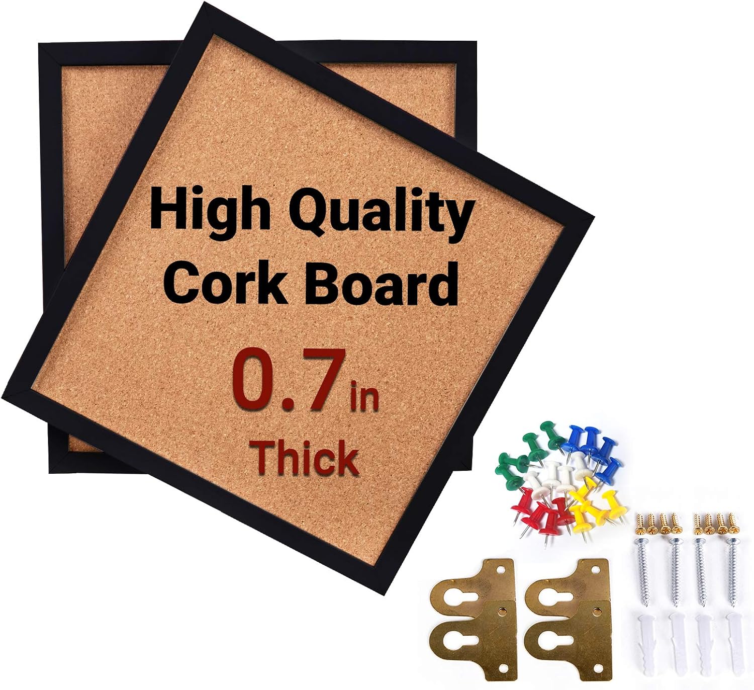 CRCHOM Cork Board 2 Pack Framed Bulletin Board 12"X 12" Thick Square Wall Tiles,Black Wooden Message Tackboard for Home,Office and School(Set Including 20 Push Pins, Hardware)