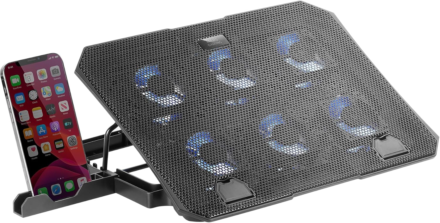 Mars Gaming MNBC23 Laptop Cooling Pad with an integrated smartphone holder, showcasing its overall design and blue LED fan lights.
