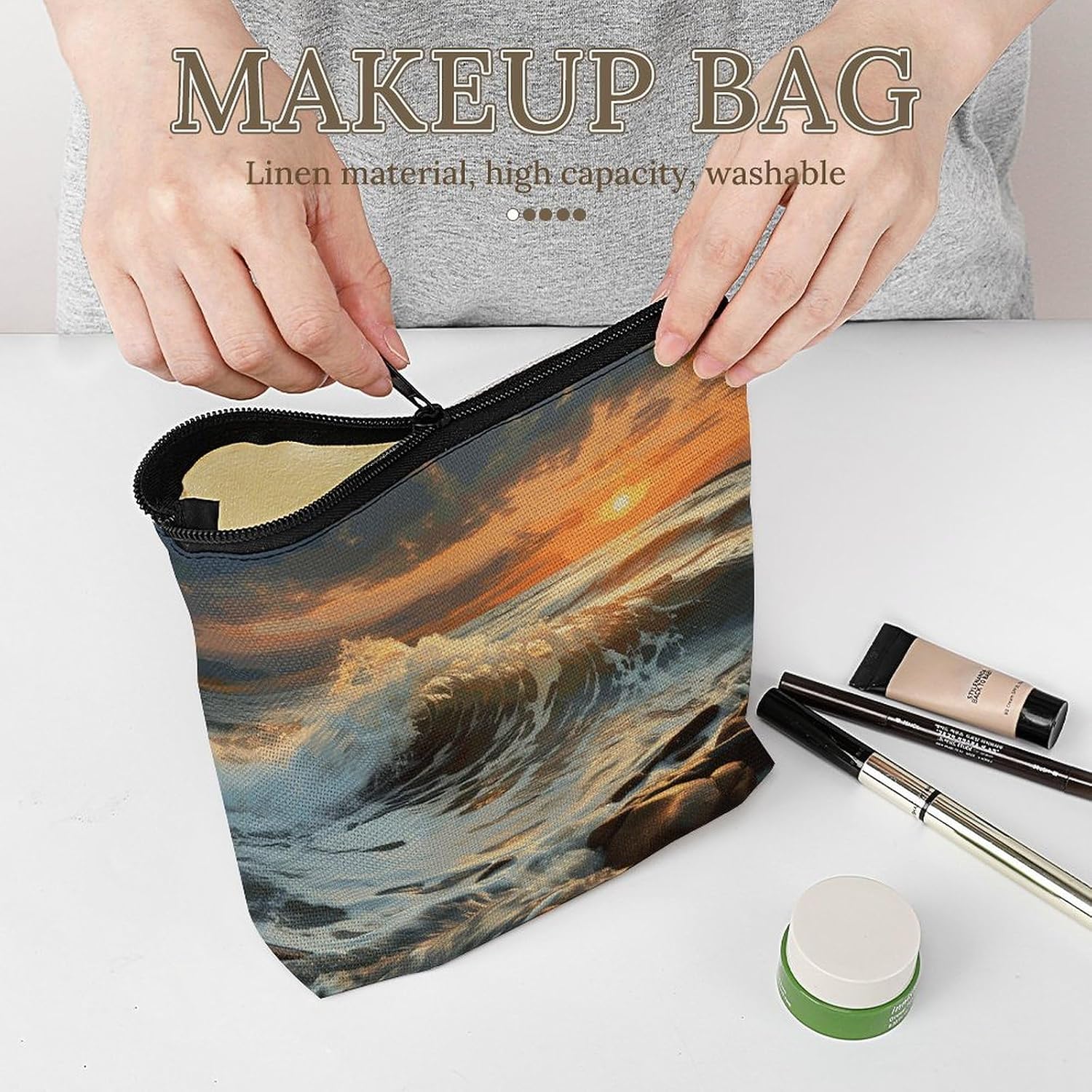 Rocky Wave Sunset Painting Makeup Storage Bag Cosmetic Bag image 5