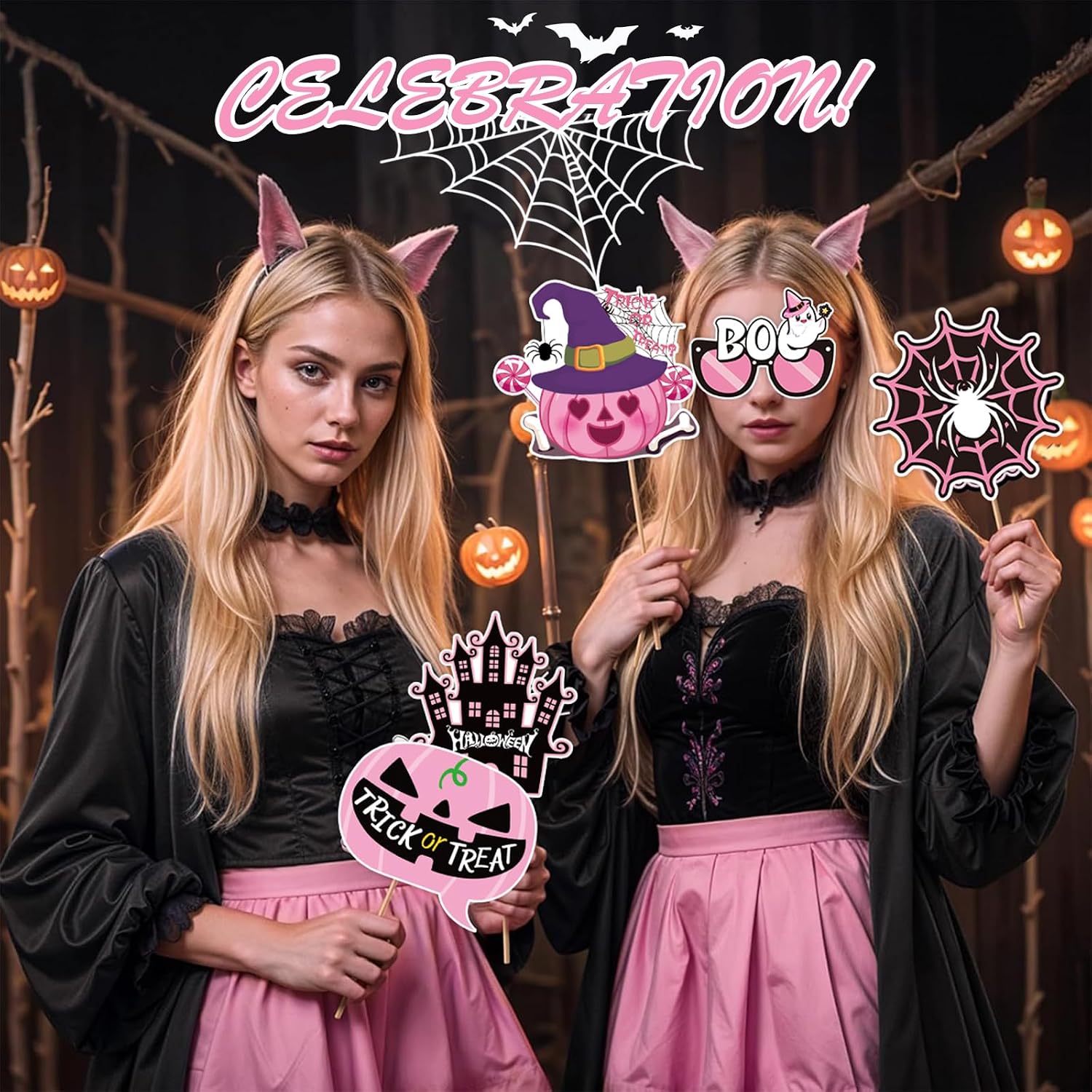 Halloween Photo Booth Props 30 PCS Set, Pink Photoshoot Decorations, Party Favors Supplies Halloween Games Kit with Sticks & Adhesive Dots