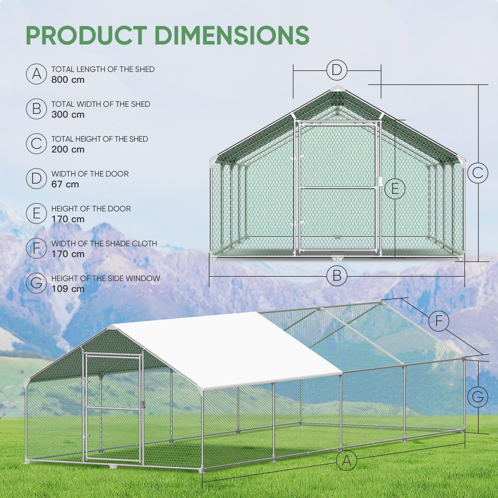 Gallinero para Exterior, Gallineros Grandes de Metal Galvanizado, Jaula para Gallinas con Candado, Gallinero Exterior con Techo de Polietileo pano ra Protección Solar, 8x3x2m