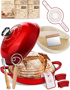 Dutch Oven Bread Baking Pot with Lid 6QT Enameled Cast Iron Oven, Gradient Red Design & Complete Sourdough Kit (Banneton Basket, Dough Tools, Silicone Sling) for Artisan Bread Making