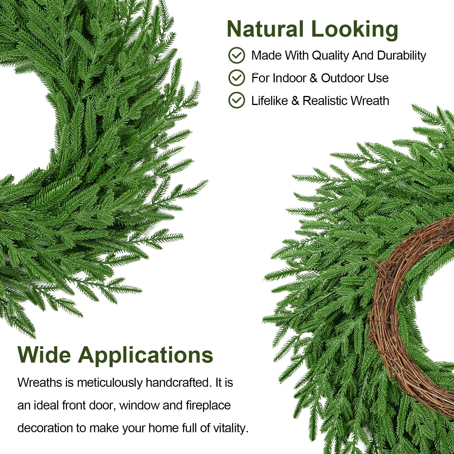 24 Inch Christmas Wreath for Front Door, Norfolk Pine Wreath for Home Porch Window Wall Farmhouse Decor Indoor Outdoor, Green Wreath Front Door Wreath