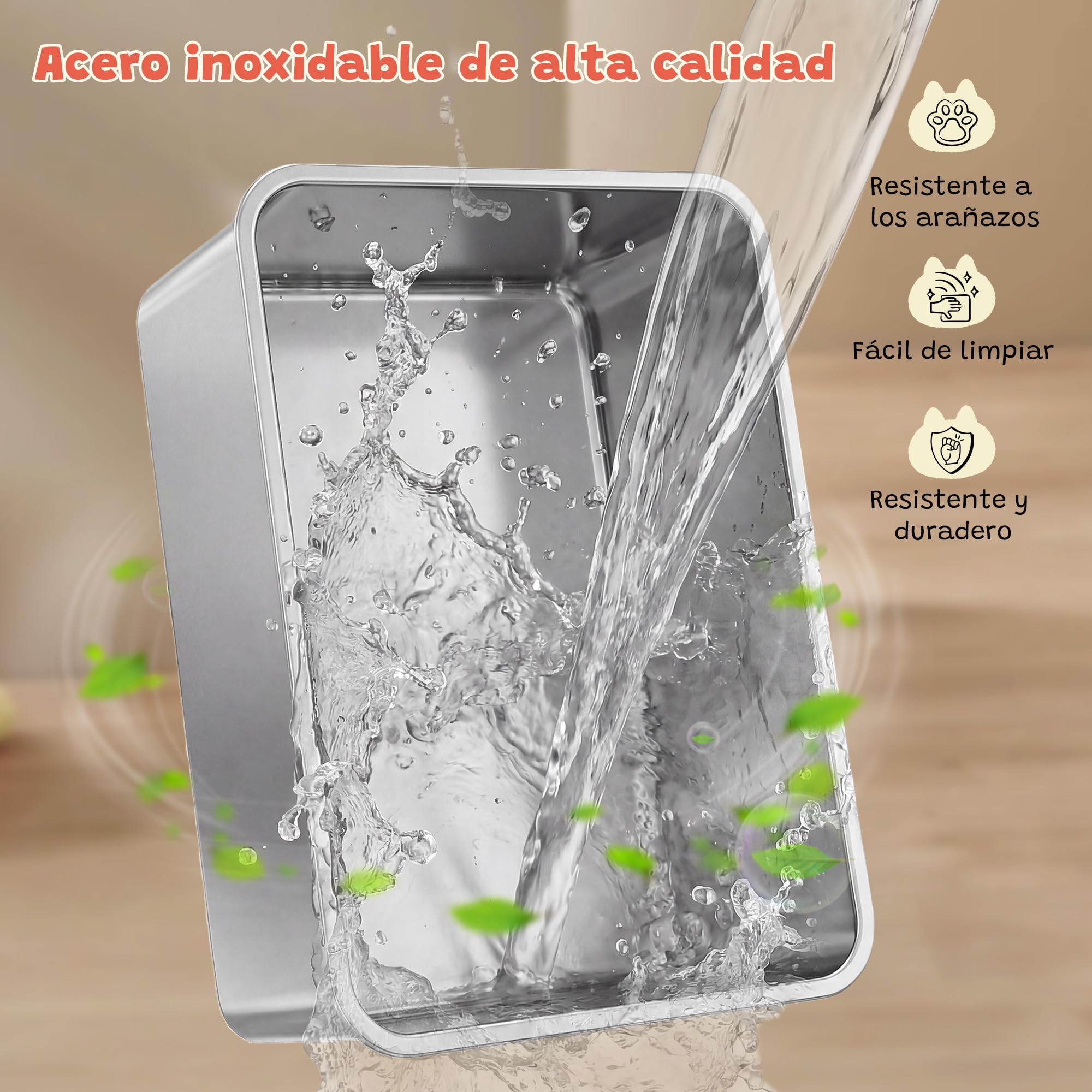 Arenero Gato Acero Inoxidable, XXL Arenero Gato Grande con Bordes Altos & Entrada Baja, Caja Arena para Gatos sin Tapa, Antiderrames Antifugas con Cierre a Presión, con Rejilla,Tapete