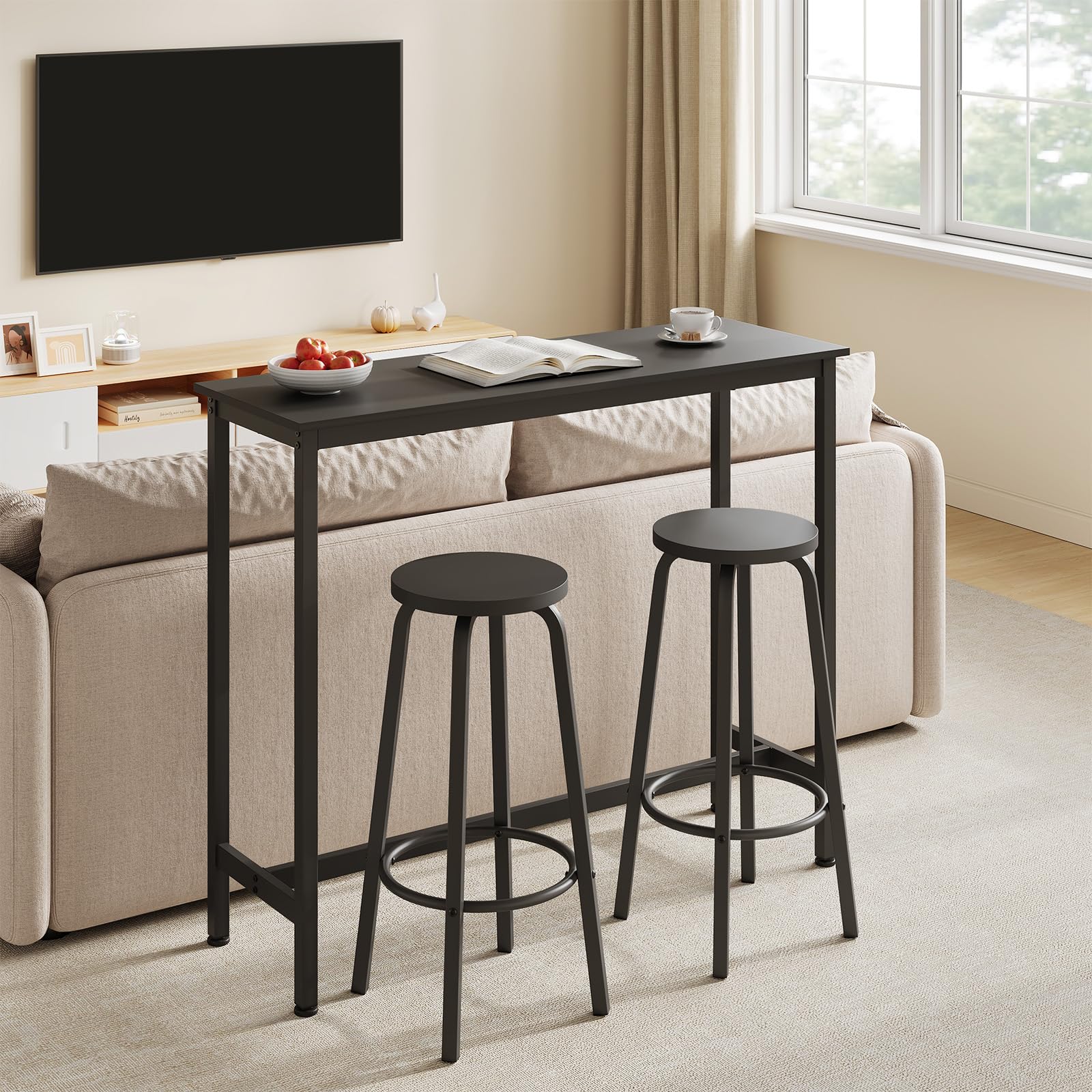 WOLTU Table avec 2 tabourets de Bar, Bar Table à Manger en métal, Mange Debout pour Cuisine, Bar, Bistro, 120x40x100cm, Noir