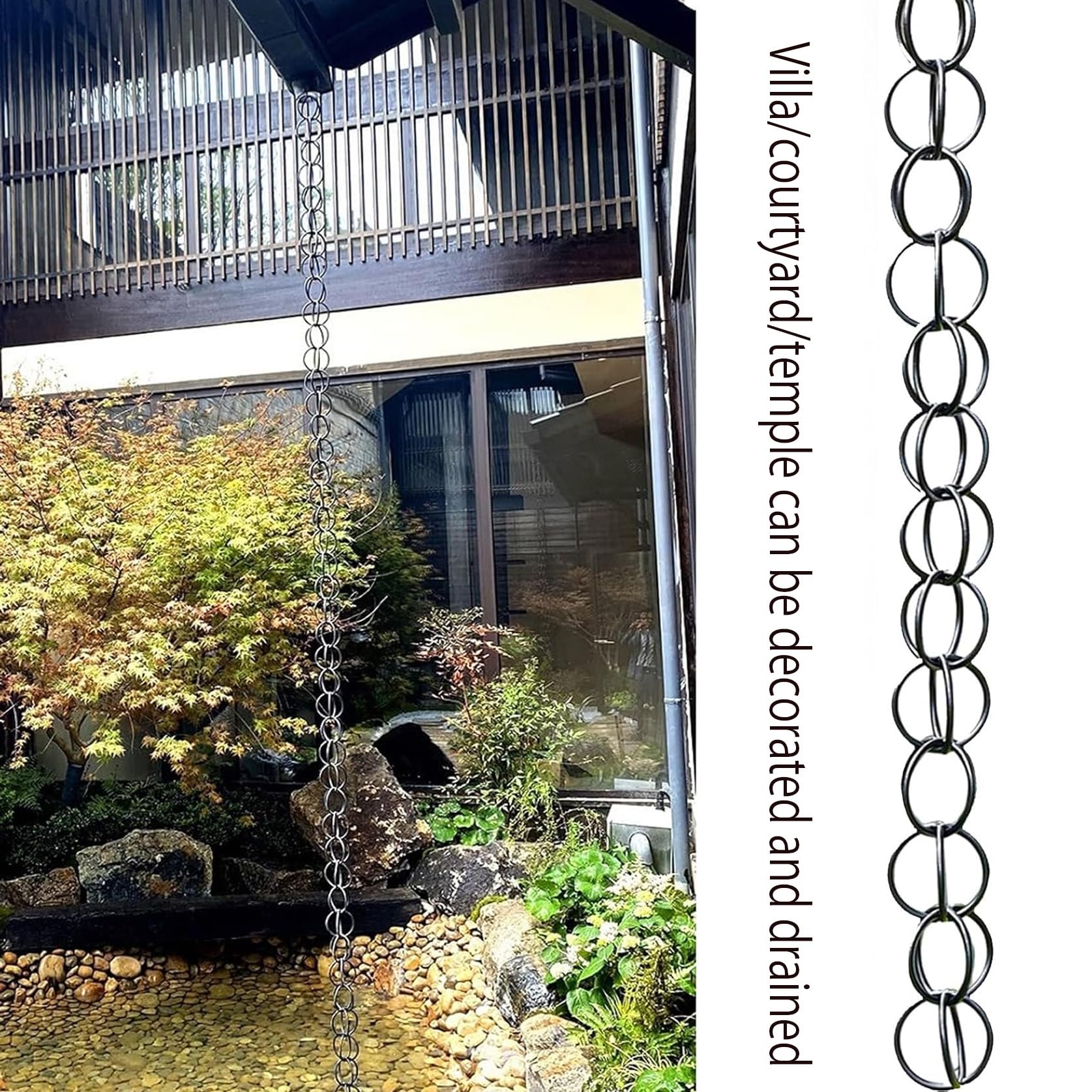 Chaine de Pluie Ornement de Jardin,Chaînes de Gouttière Cascade Noir,Fonction De Drainage,Parfaite pour remplacer Les descentes de Pluie,for Jardin/Cour/terrasse