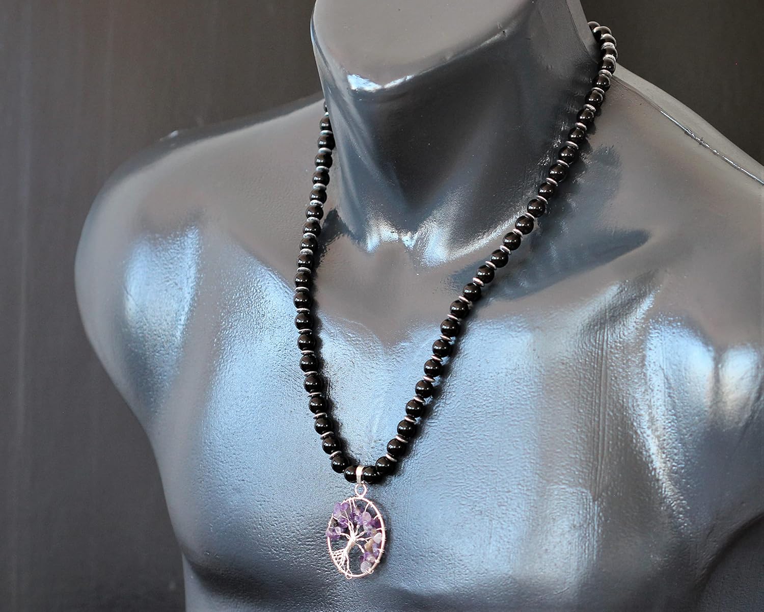 ElisaJewelryArt - Natural Tiger Eye Tree Of Life Pendant Natural Black Onyx Beaded Necklace Genuine Gemstone Fear Stone Clasp Closure Necklace Unisex Necklace - Image 5