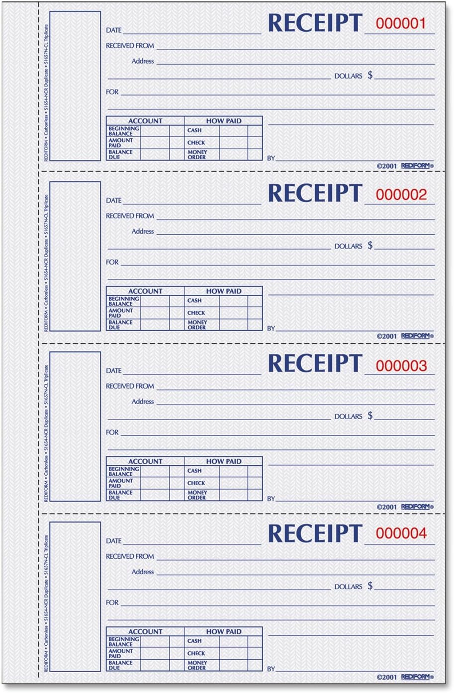 Rediform S1657NCL Hardcover Numbered Money Receipt Book 2 3/4 x 6 7/8 Three-Part 200 Forms