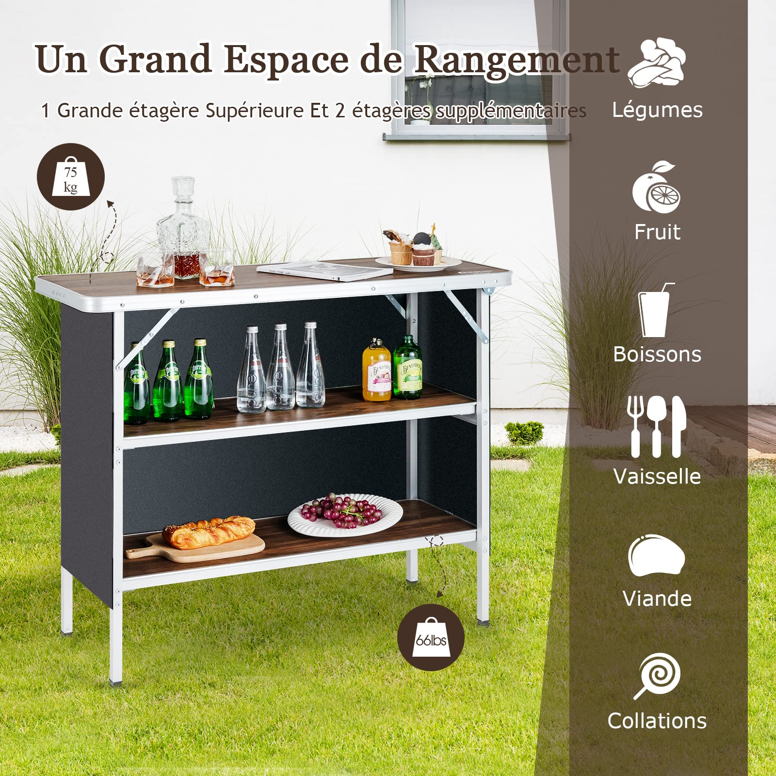 GOPLUS Mesa de camping plegable para picnic con almacenamiento, mesa portátil ligera de aluminio con bolsa de transporte, estación de preparación de alimentos con 2 estantes (café)