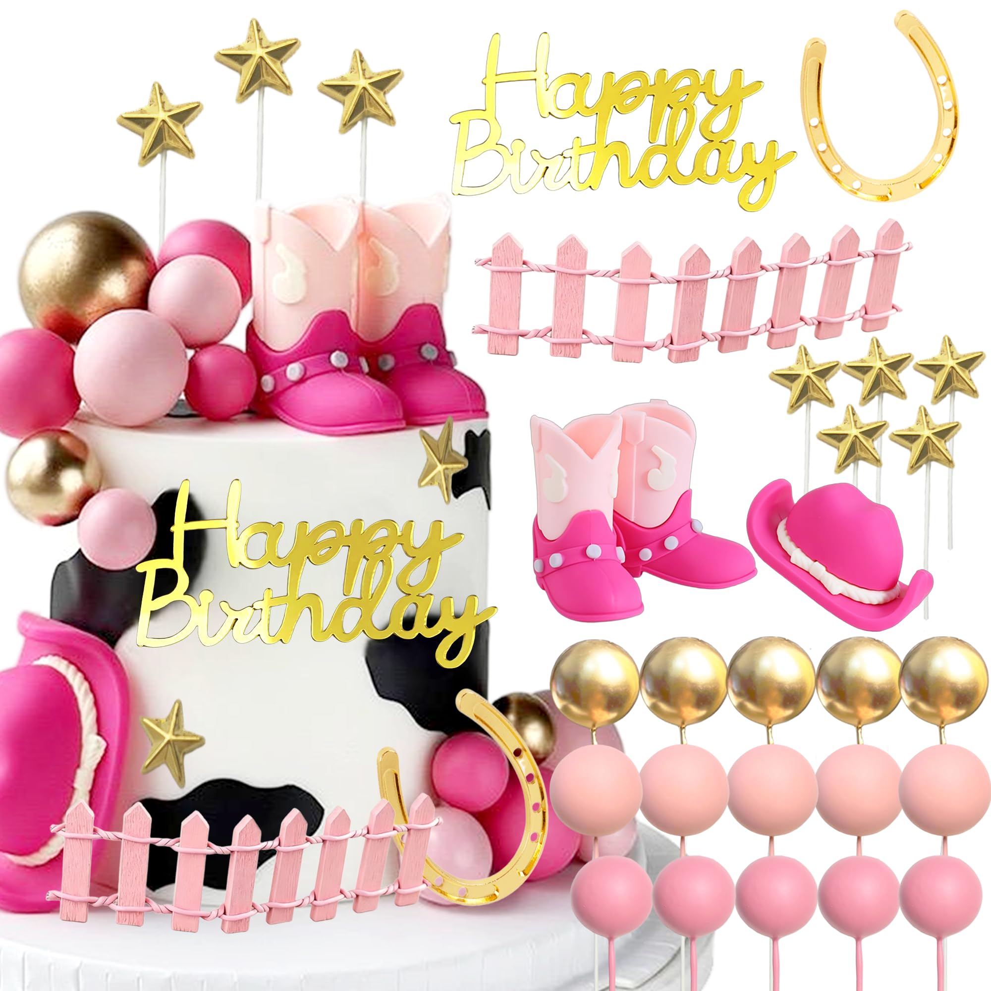 Tyotrbs 3D Cowgirl Happy Birthday Cake Topper Cowboy Hat Boots Cake Decoration for Western Theme Babyshower Birthday Party Cake Decorations (Pink)