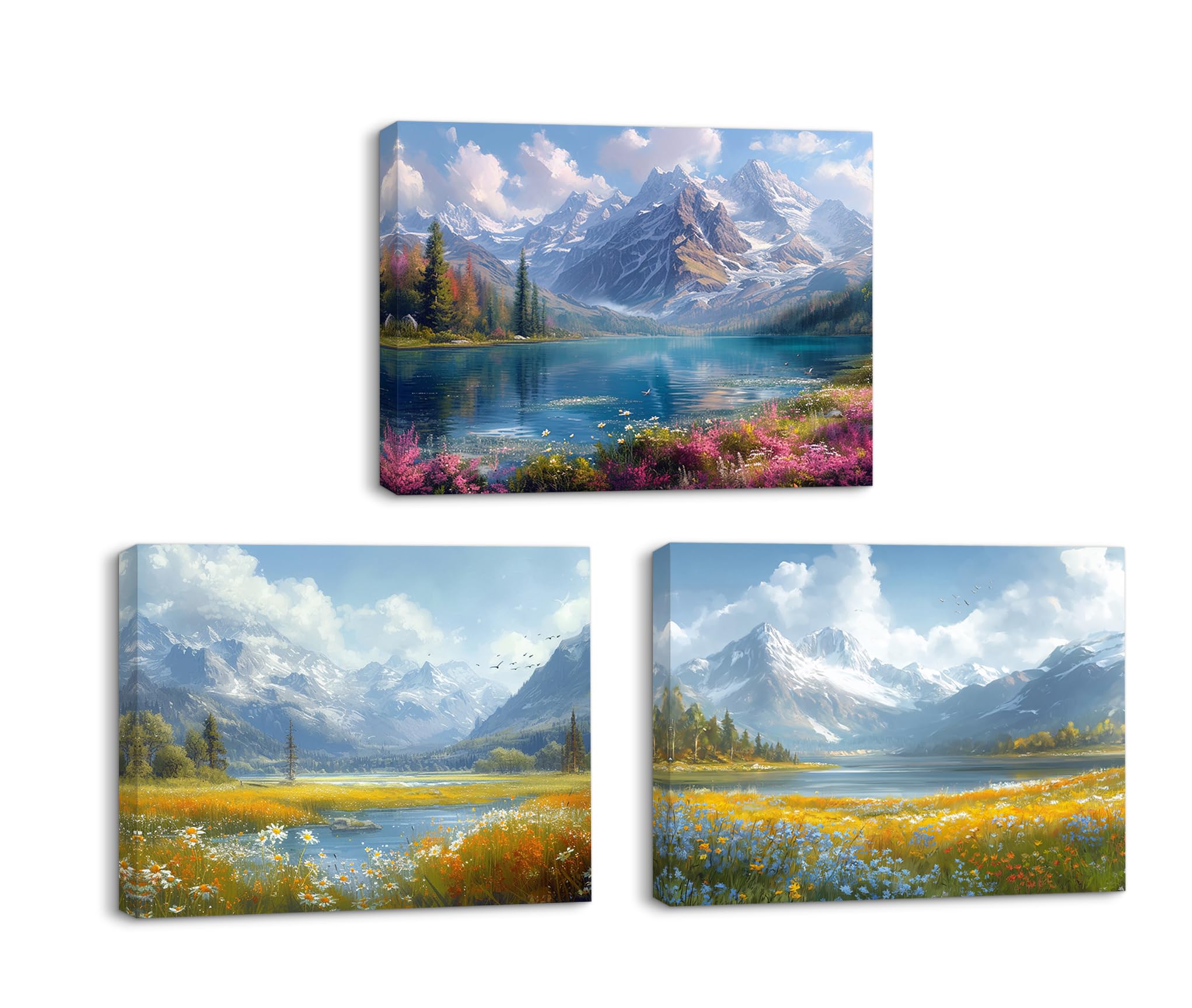 PIY PAINTING – Tableau Sur Toile Paysage Montagnes & Soleil Couchant – 3 Panneaux 30x40 Cm – Décoration Murale Moderne