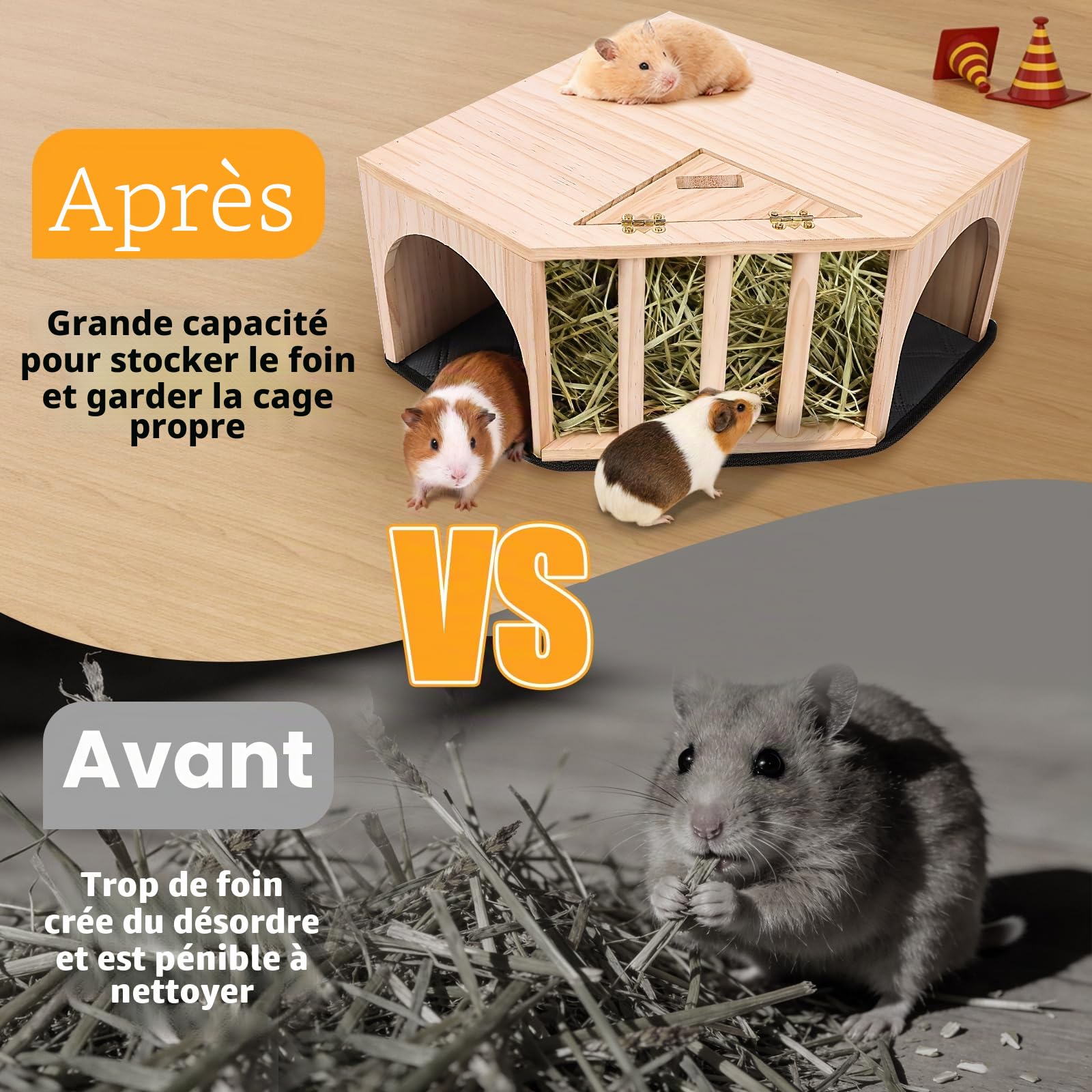 Kalolary Cachette d'angle en Bois pour Cochon d'Inde avec Tapis d'urine, cachette pour Petits Animaux avec mangeoire à Foin, Double entrée, cachette pour Hamster, Lapin, Chinchilla, gerbilles naines | avec Tapis d'urine cachette pour Petits Animaux avec m