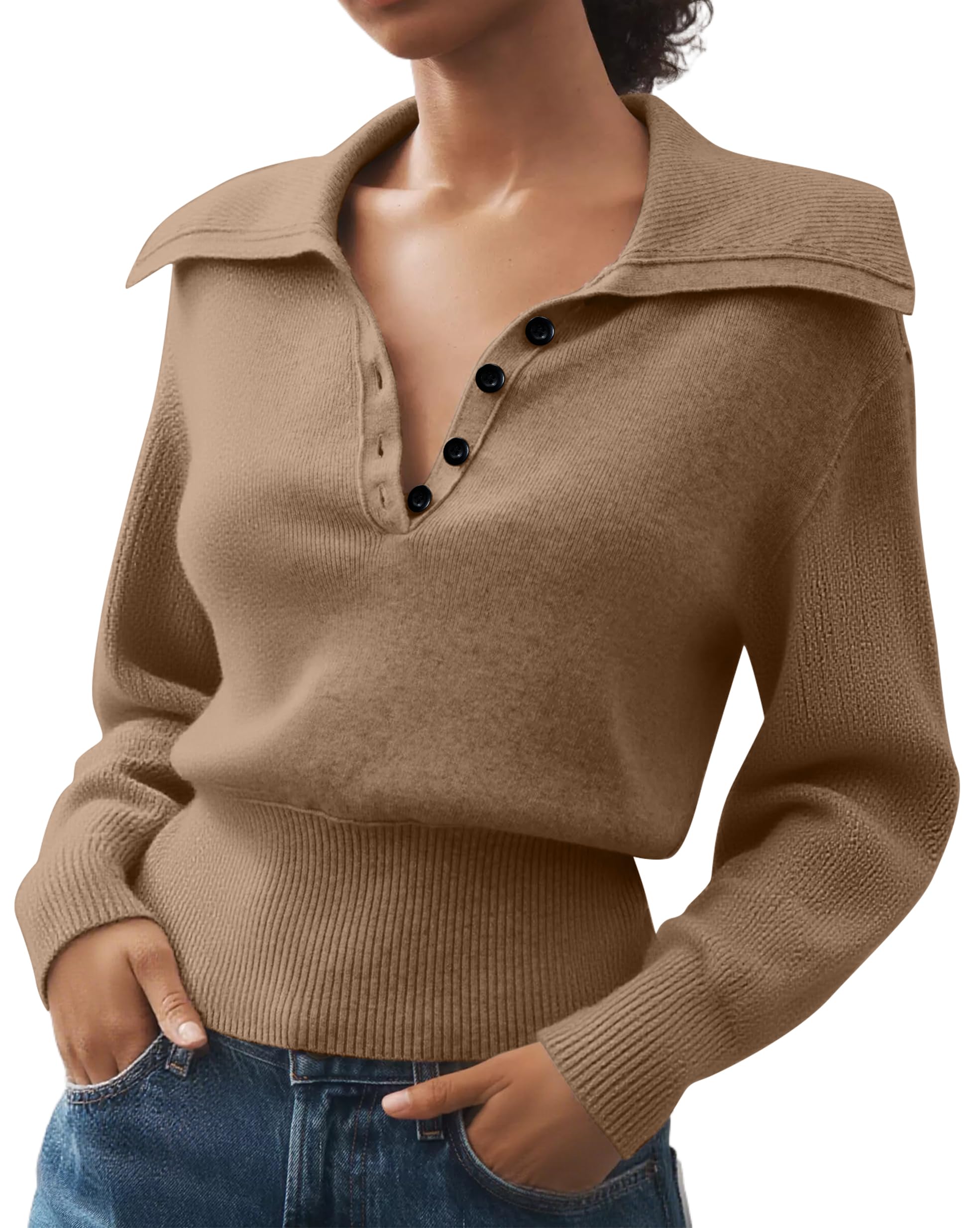 missactiver Women’s Lapel Collar Polo Sweater Long Sleeve Slim Fit Knit Pullover V-Neck Button Down Ribbed Cropped Fall Top-picture-38