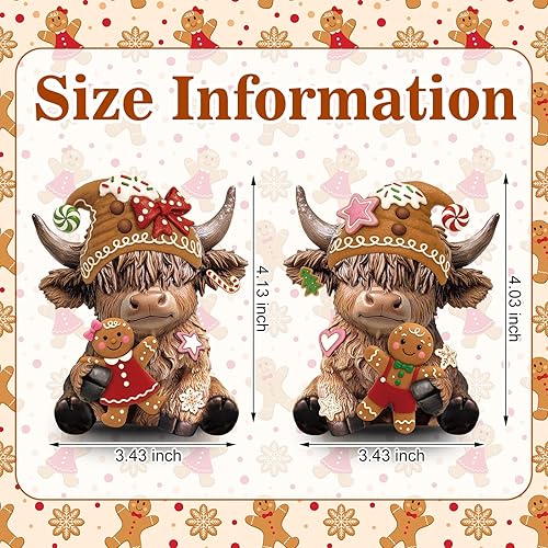 Miniatura 3 de Karenhi 2 figuras de vaca de las tierras altas de Navidad, hombre de jengibre, gnomos de vaca de las tierras altas, estatua de resina escocesa para