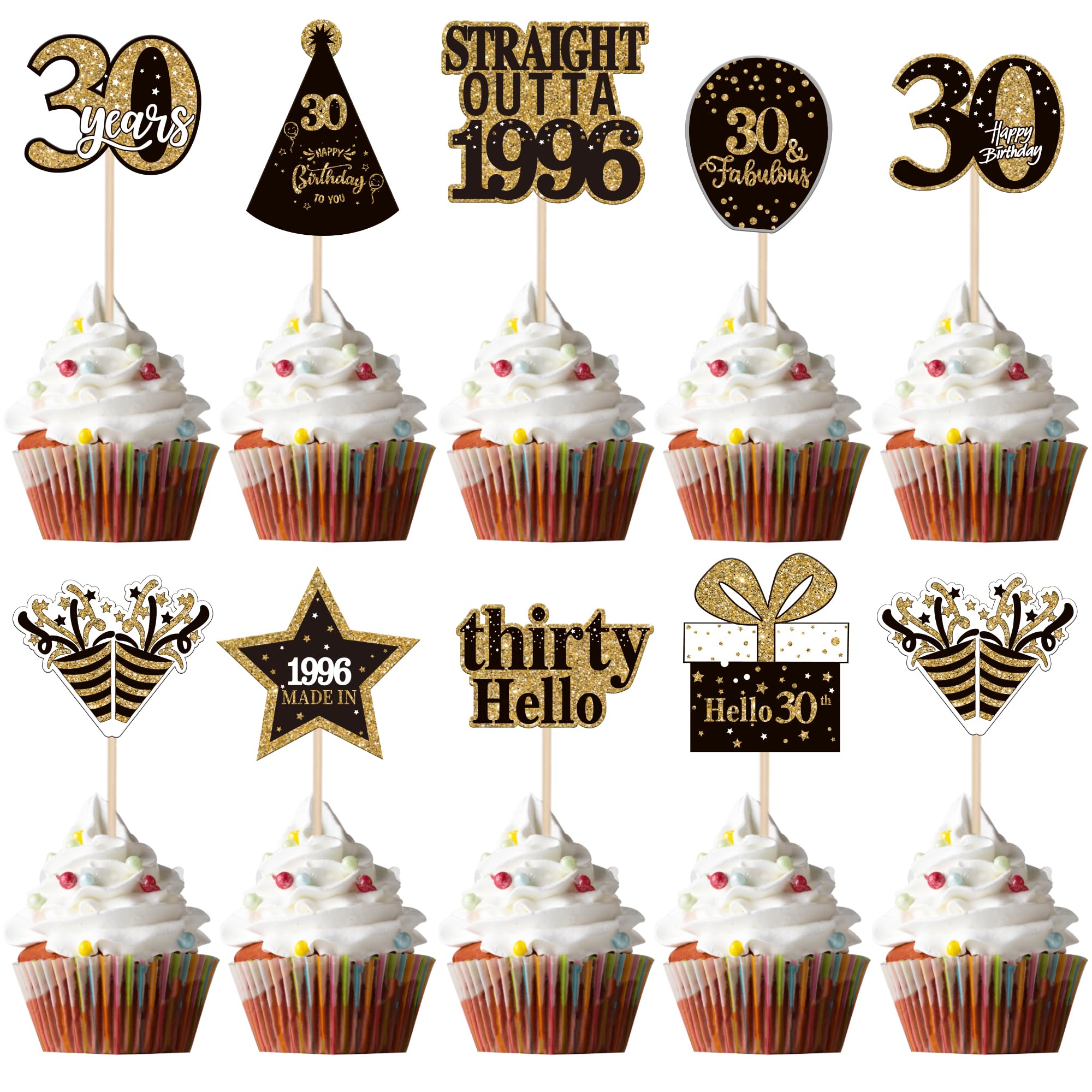 36 Stück 30th Geburtstag Tortendeko Straight Outta 1996 Kuchen Deko Hello Thirty Cheers to 30 Cupcake Toppers für 30th Geburtstag Jahrestag Party Kuchen Dekorationen