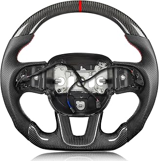 Steering Wheel for Dodge Charger for Dodge Challenger 2015-2024 3K Real Carbon Fiber Steering Wheel D-shaped Flat-bottom Perforated Leather Grip (SXT/GT/RT/SRT) with Heating