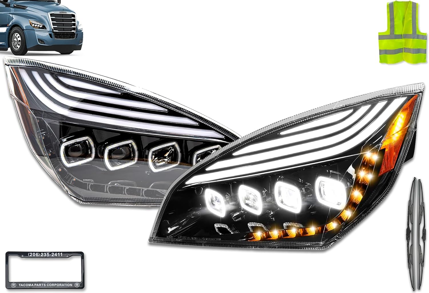 KOZAK Full LED Quad Halo DRL Sequential Turn Signal Projector Headlights for Freightliner Cascadia 2018+, Driver Left & Passenger Right Side, Includes Logo, License Plate Frame, Wipers, and Vest