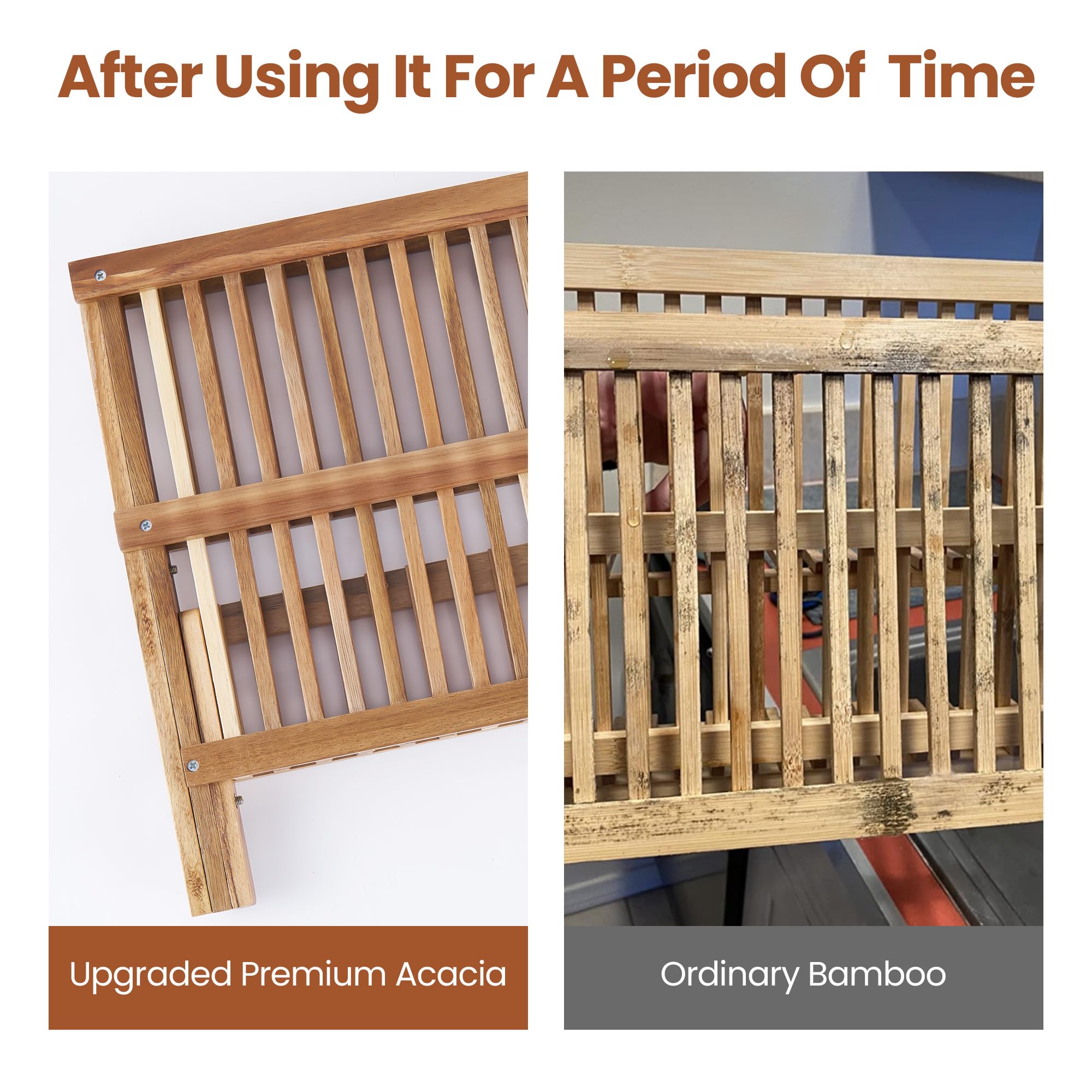 Escurridor de platos de acacia, plegable de 2 niveles con soporte para utensilios, escurridor de platos de madera grande para encimera de cocina