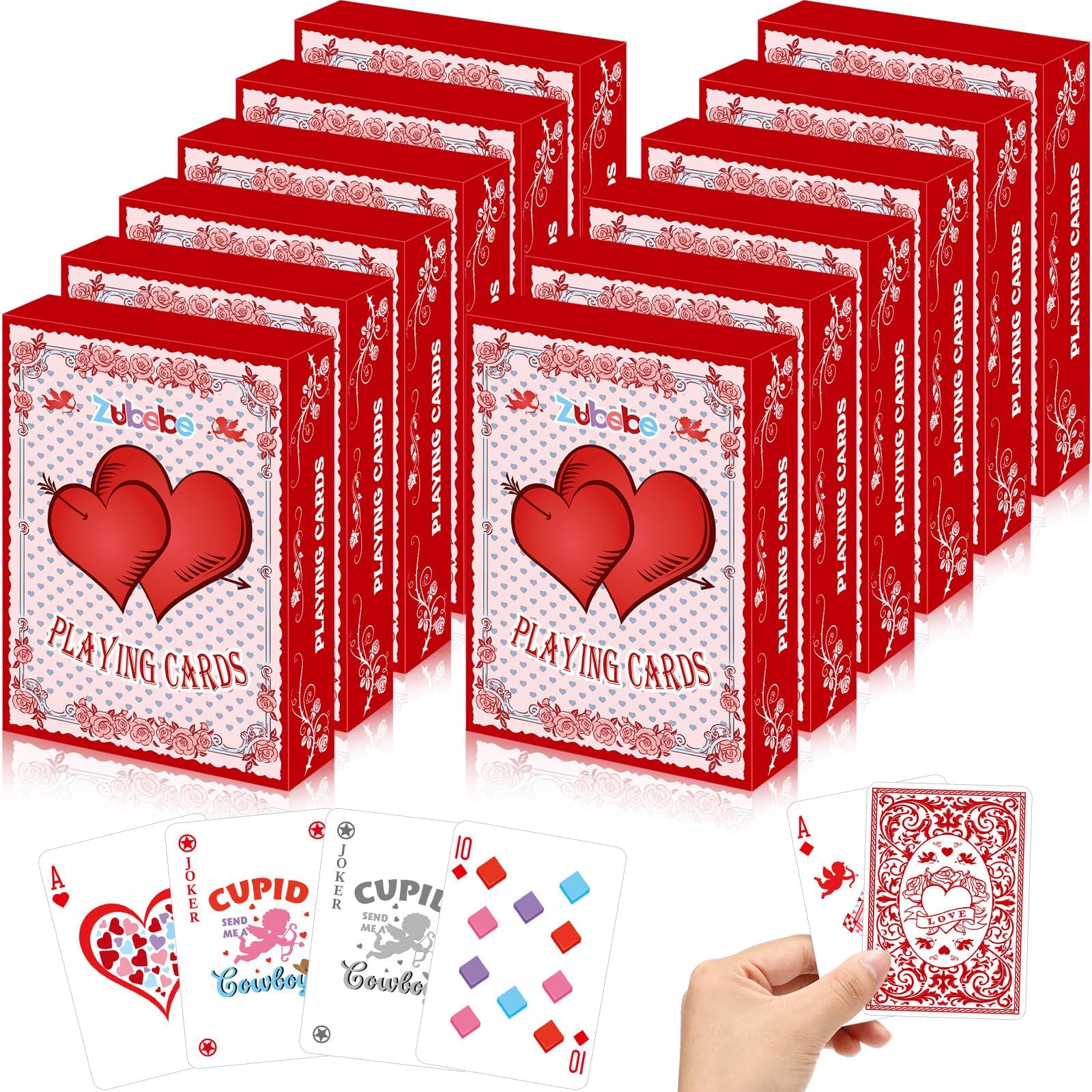 Zubebe 24 Pack Heart Playing Card Valentine's Day Poker Cards Bulk Vintage Cupid Party Game Standard Index Decks for Adult Family Games and Gathering Activities