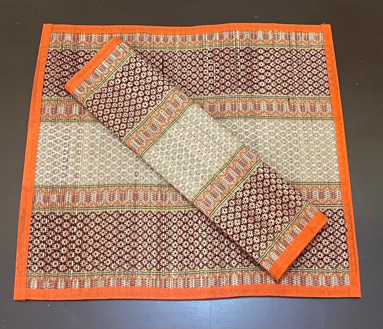 Traditional Kusha Grass Mat Set of 2, Orange Border, Prayer and Meditation Mat-image-45