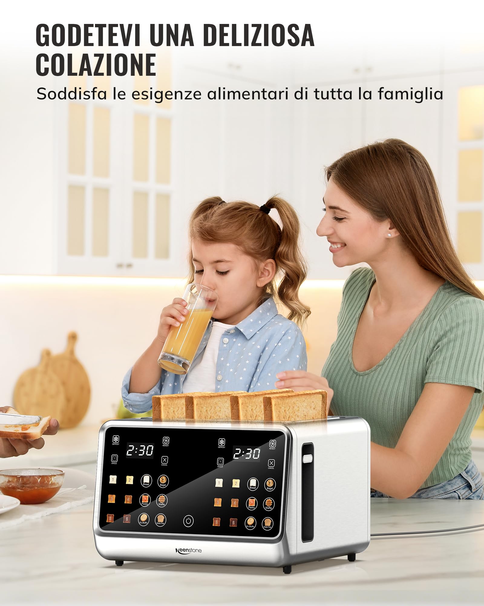 Keenstone Tostapane a 4 fette Ampie fessure, ideale per pane spesso e bagel 6 livelli di doratura più scongelamento Riscaldare Scongelare per Bagel Pane Cialde Acciaio Inox