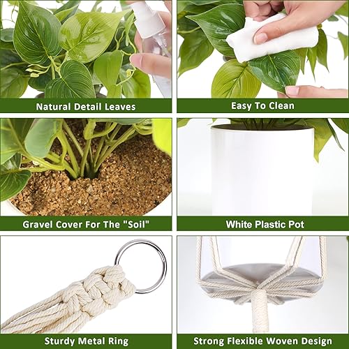 Miniatura 2 de Plantas de imitación para interiores, plantas colgantes artificiales, planta de potos falsos en maceta con colgador, decoración de plantas para