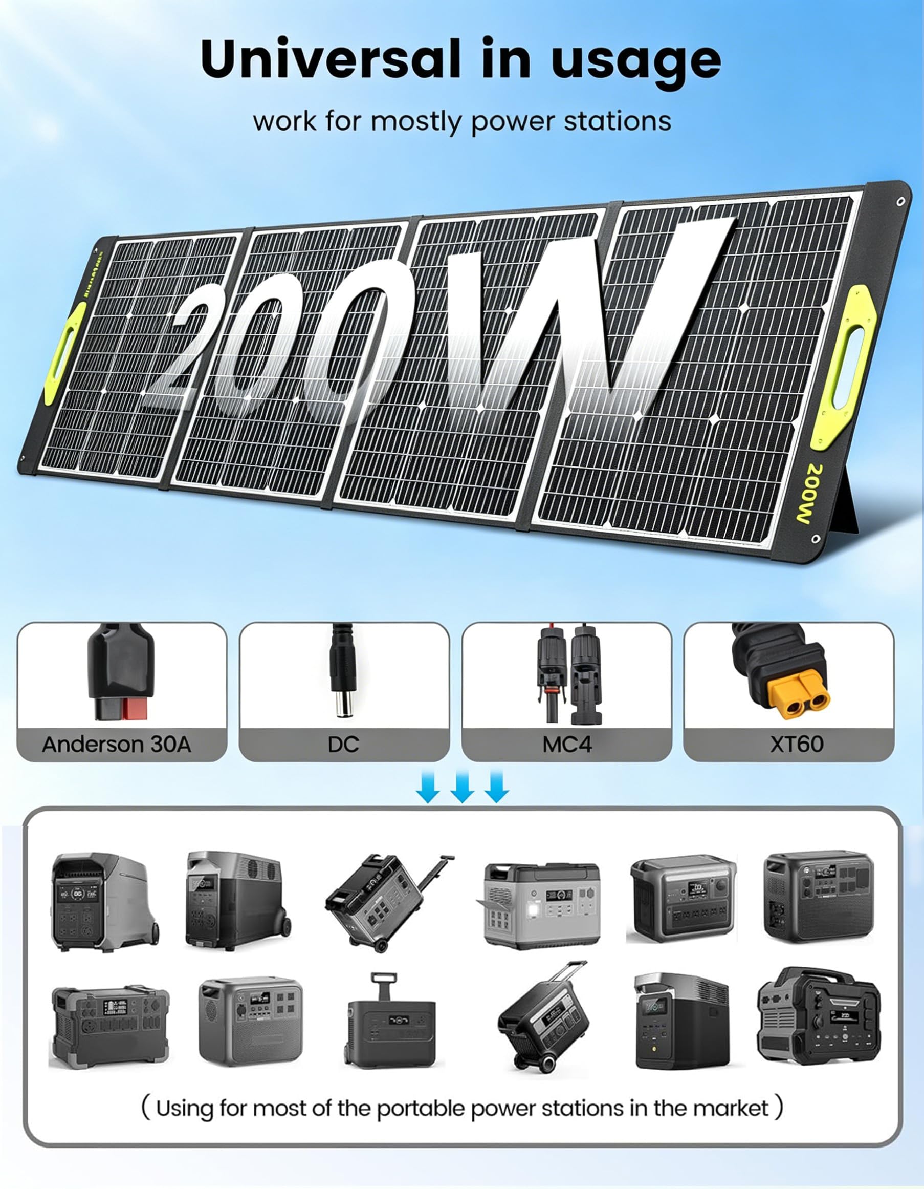 Greenmagic Pannello solare portatile da 200 Watt, 23,5% ad alta efficienza 200 W pieghevole caricatore pannello solare IP67 impermeabile kit w/DC XT60 MC4 Anderson uscita per casa fattoria campeggio