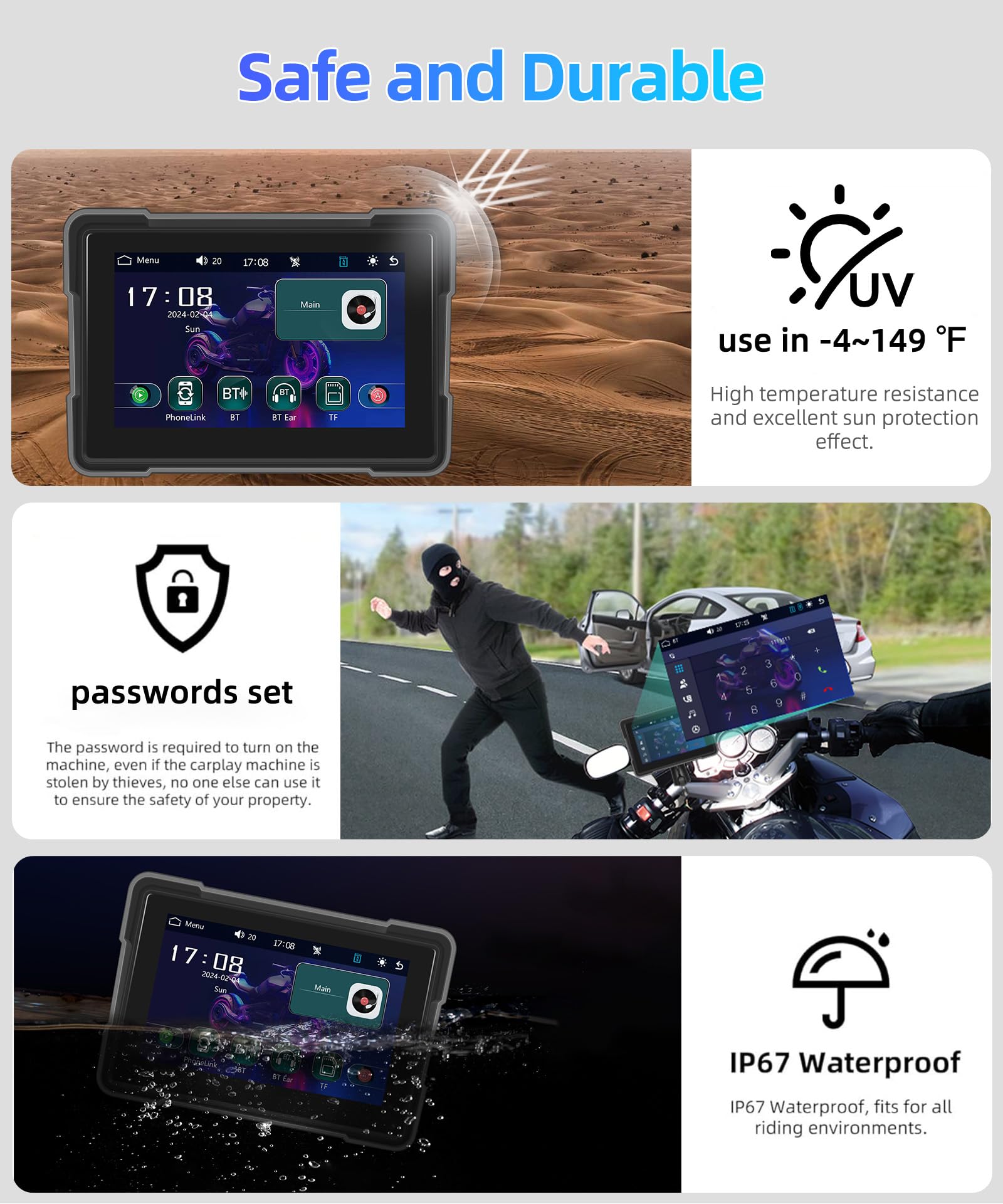 CAMECHO Motorrad Navigationsgeräte 5 Zoll HD-Touchscreen Wasserdicht mit 64G TF Karte mit Navi Wireless Carplay Android Auto Bluetooth FM EQ Musik Leistungsstarker Chip 4 Thema für Alle Motorräder