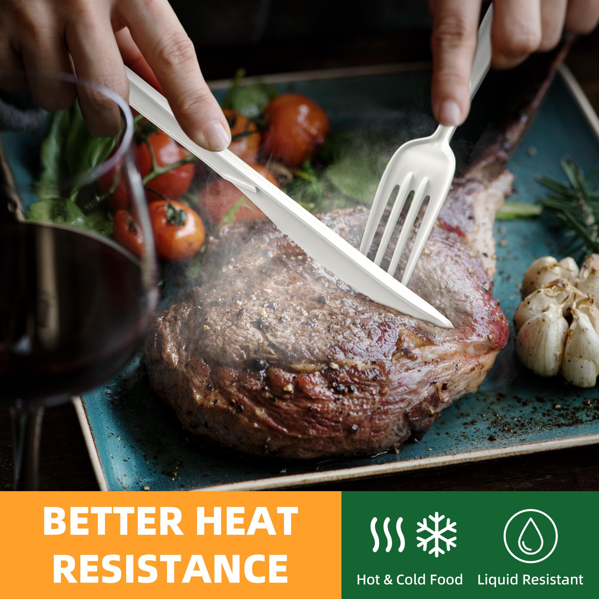 100% Compostable Cutlery Set,150pcs (50 Forks,50 Spoons,50 Knives) Disposable Cornstarch Utensils Heavy Duty BPI Certified Eco-Friendly Party Supplies No Plastic, Ivory White