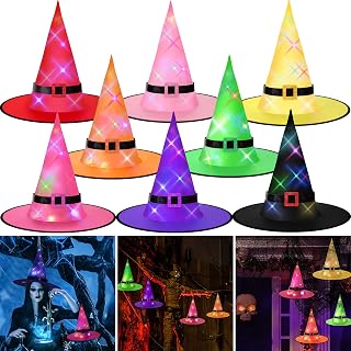 8 Pieces Halloween Hanging Lighted Witch Hat Decorations Halloween Decorations Glowing Witch Hat Lights Battery Operated Hanging Lighted Glowing Witch Hat for Outdoor, Yard, Tree (8 Colors)