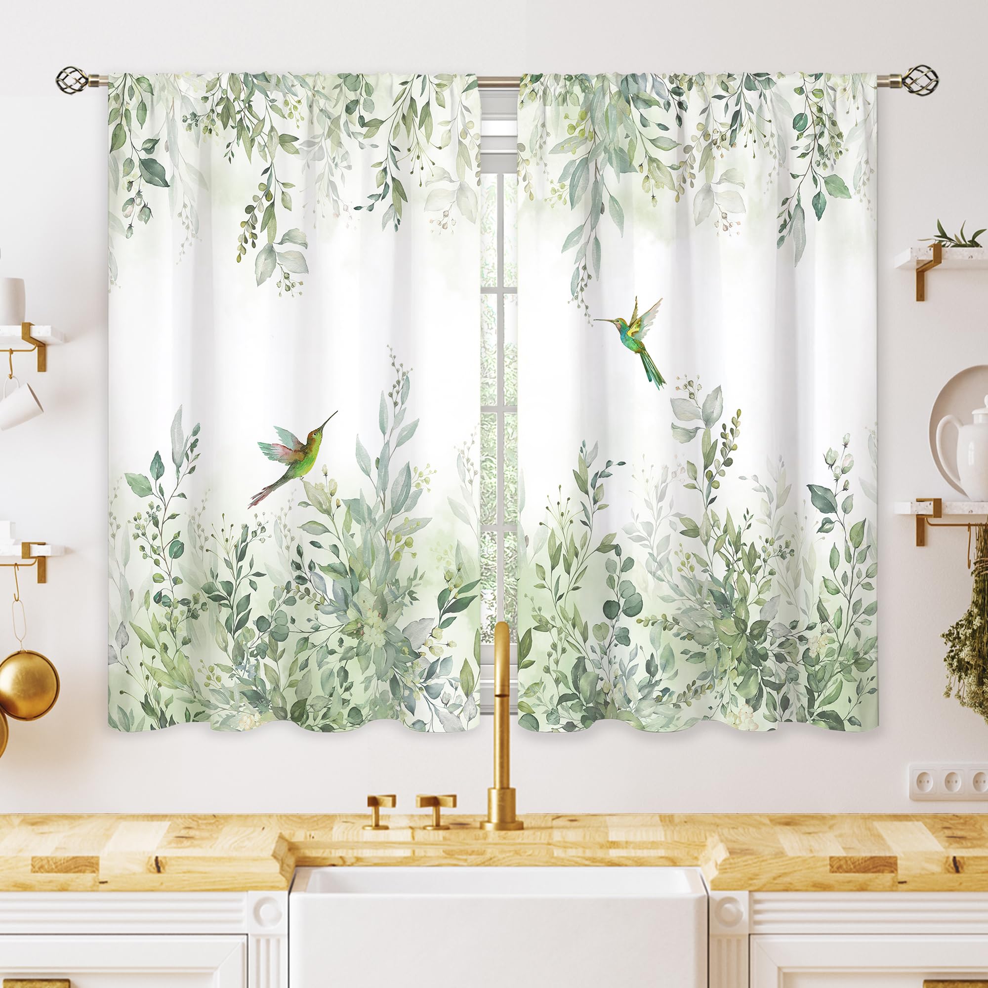 oolygoo Sage Mint Green Eucalyptus Small Kitchen Curtains Leaf Botanical Window Treatment Flower Floral Hummingbird Cafe Short Window Curtains for Bathroom Dining Laundry Room Tier Treatment Drapes — image 1