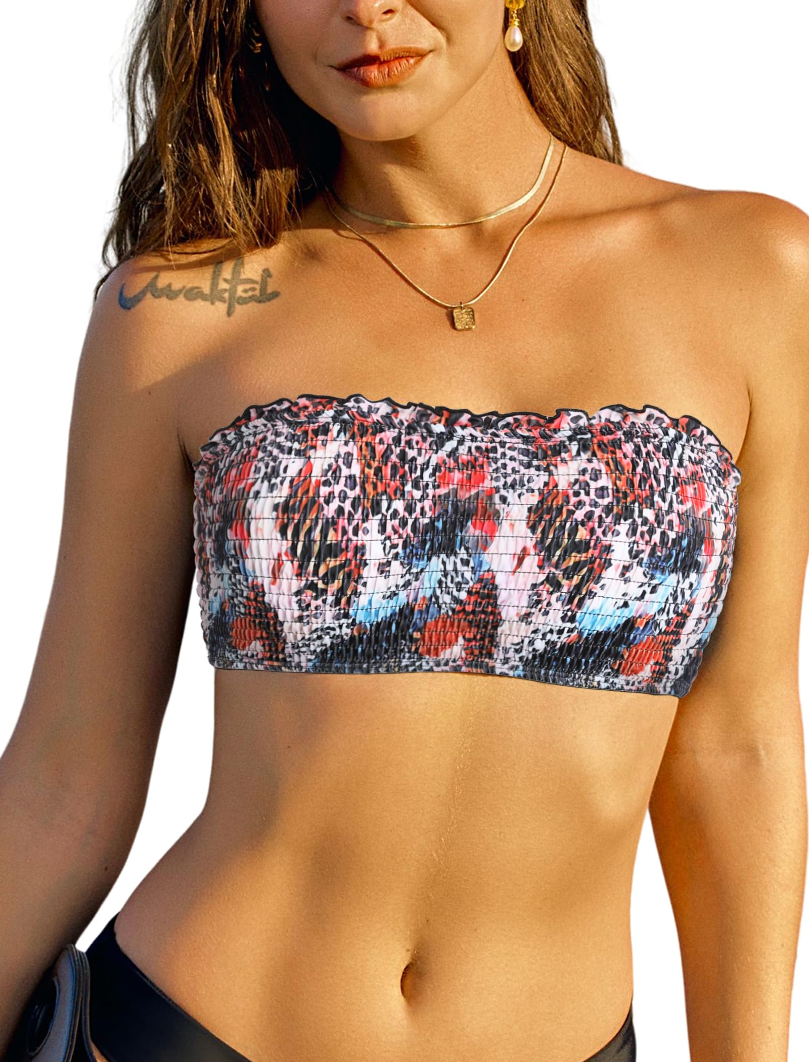 ZAFUL Women Strapless Bandeau Bikini Top Ruffle Lace up Swimsuit Solid Color Bathing Suits Tube Top Only