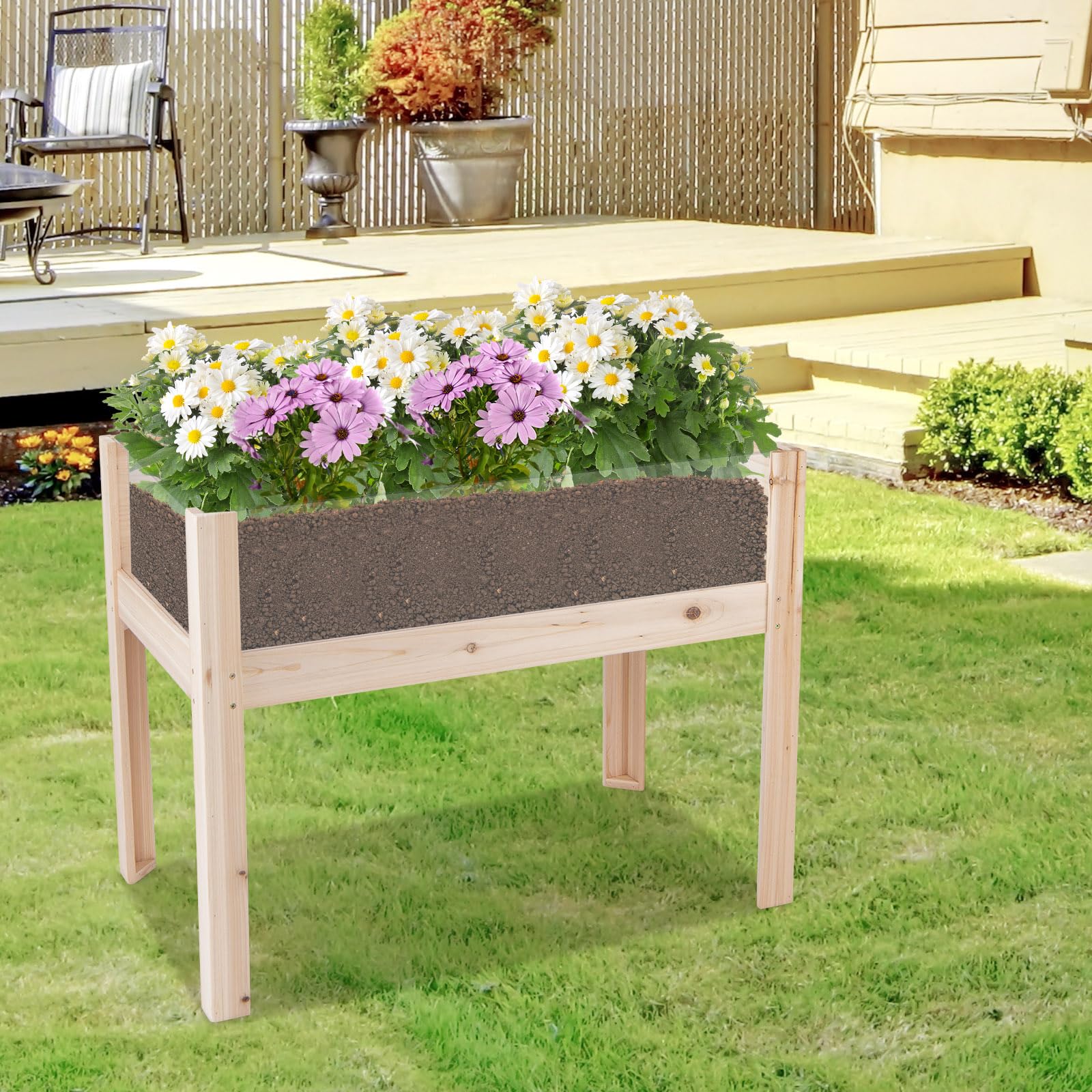 HOMASIS Huerto Elevado de Madera de Abeto con losa acrílica, Cama elevada para Mascotas con 2 Agujeros de Drenaje, Jardinera elevada con Volumen de 50L para balcón, jardín, Natural (100x59x77cm)