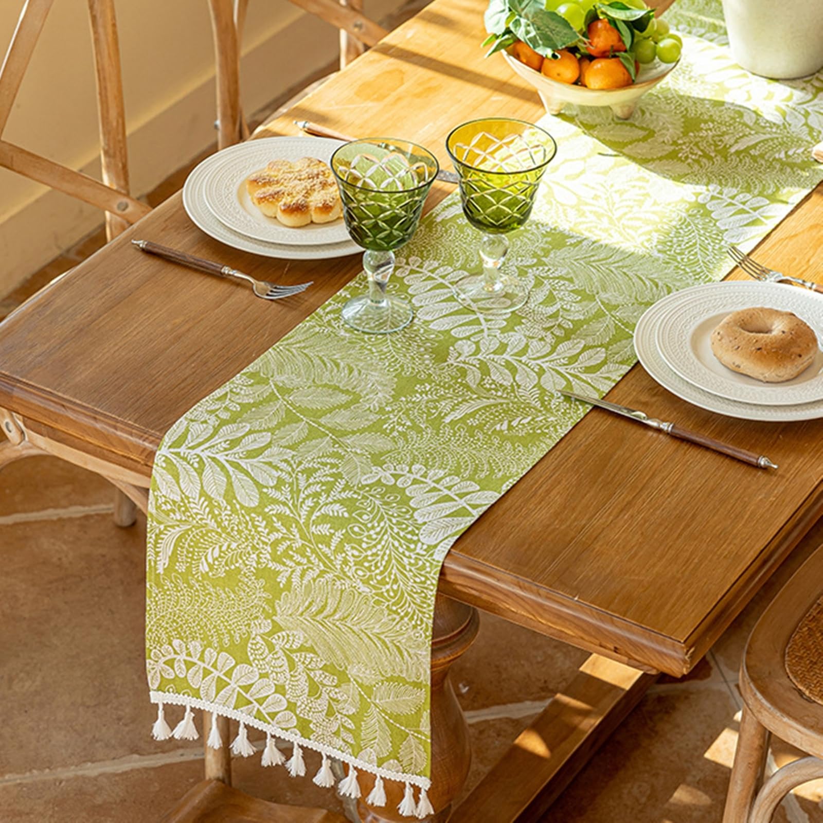 Tischläufer Modern Polyester, Tischläufer Landhausstil 30x270 cm, Leinenoptik mit Vintage-Blättermuster