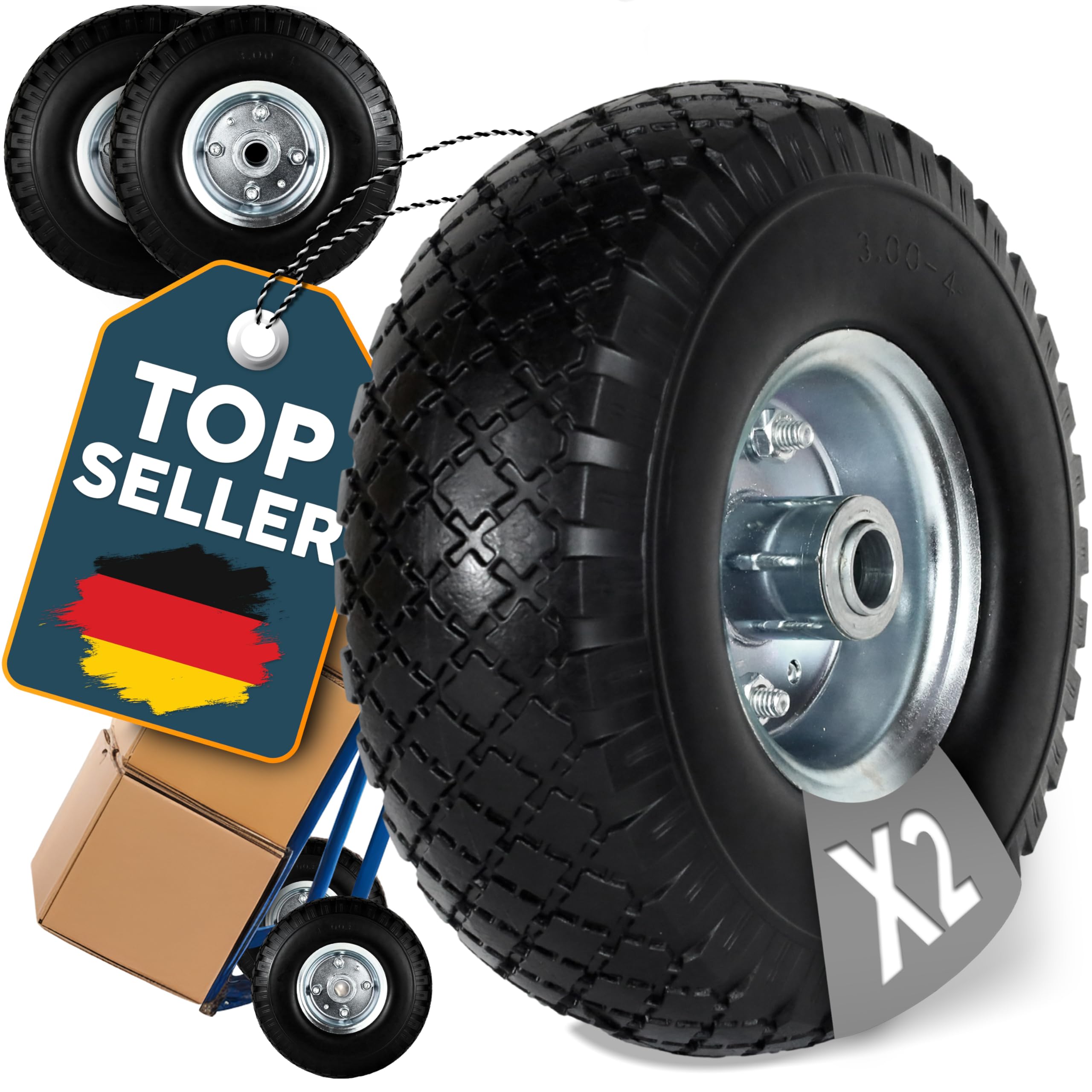 FROSAL 2x Vollgummireifen 260mm (3.00-4) pannensicher – Ersatzrad für Bollerwagen & Sackkarre – PU Rad mit Stahlfelge silber & Kugellager, 20mm Achse – wartungsfrei