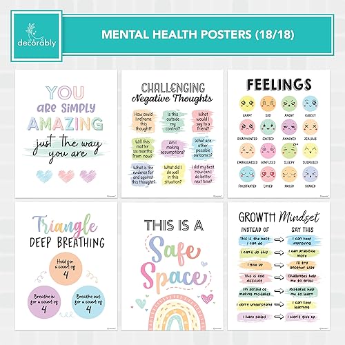 Miniatura 5 de Decorably 18 pósteres de concienciación sobre la salud mental para niños, 8 x 10 pulgadas, laminados mate, inspiradores de salud mental para