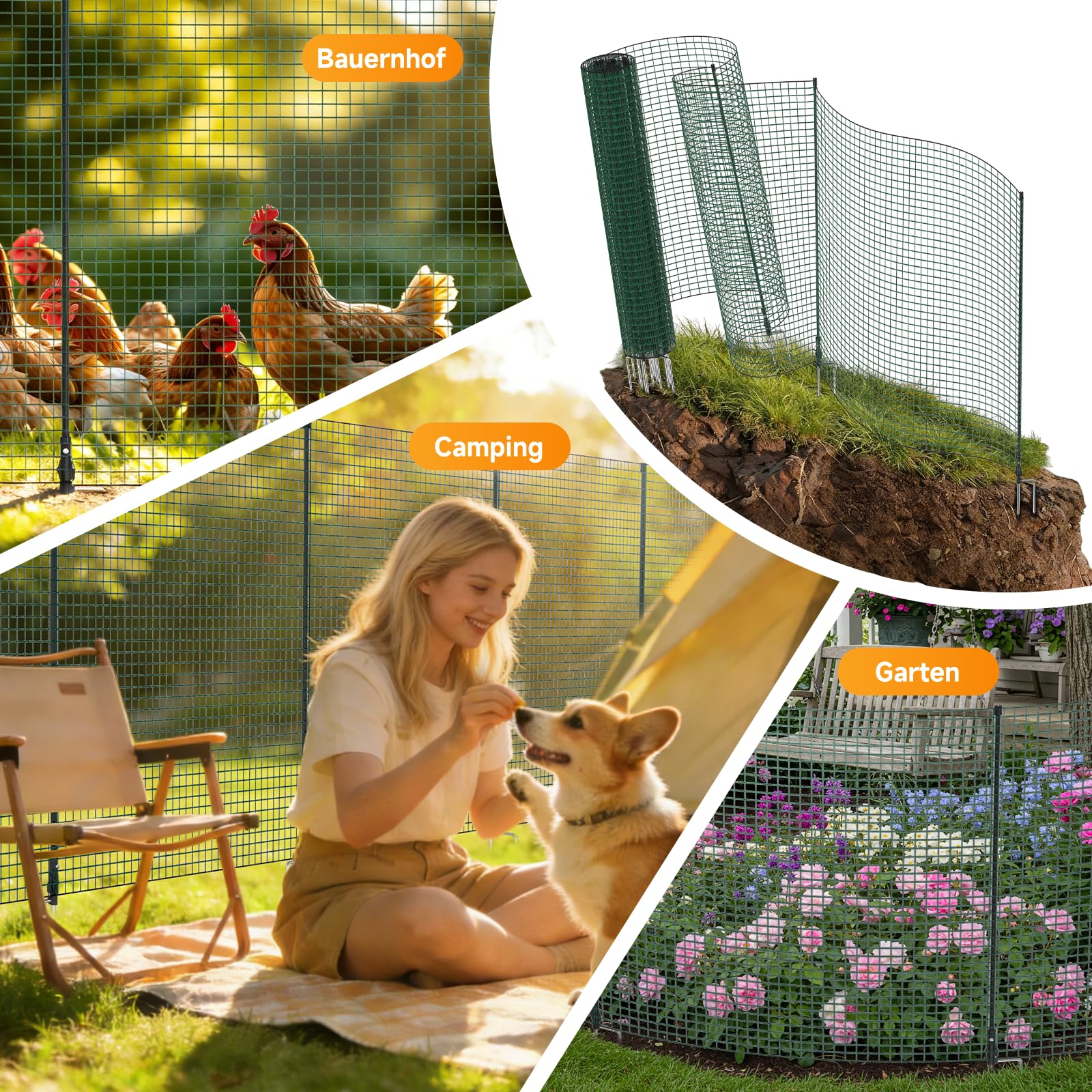 TEOV Mobiler Hundezaun 20m x 0.9m, Tragbarer Camping Zaun Komplett-Set, Universal Begrenzungszaun für Garten, Weide & Outdoor, Einfache Installation ohne Werkzeug