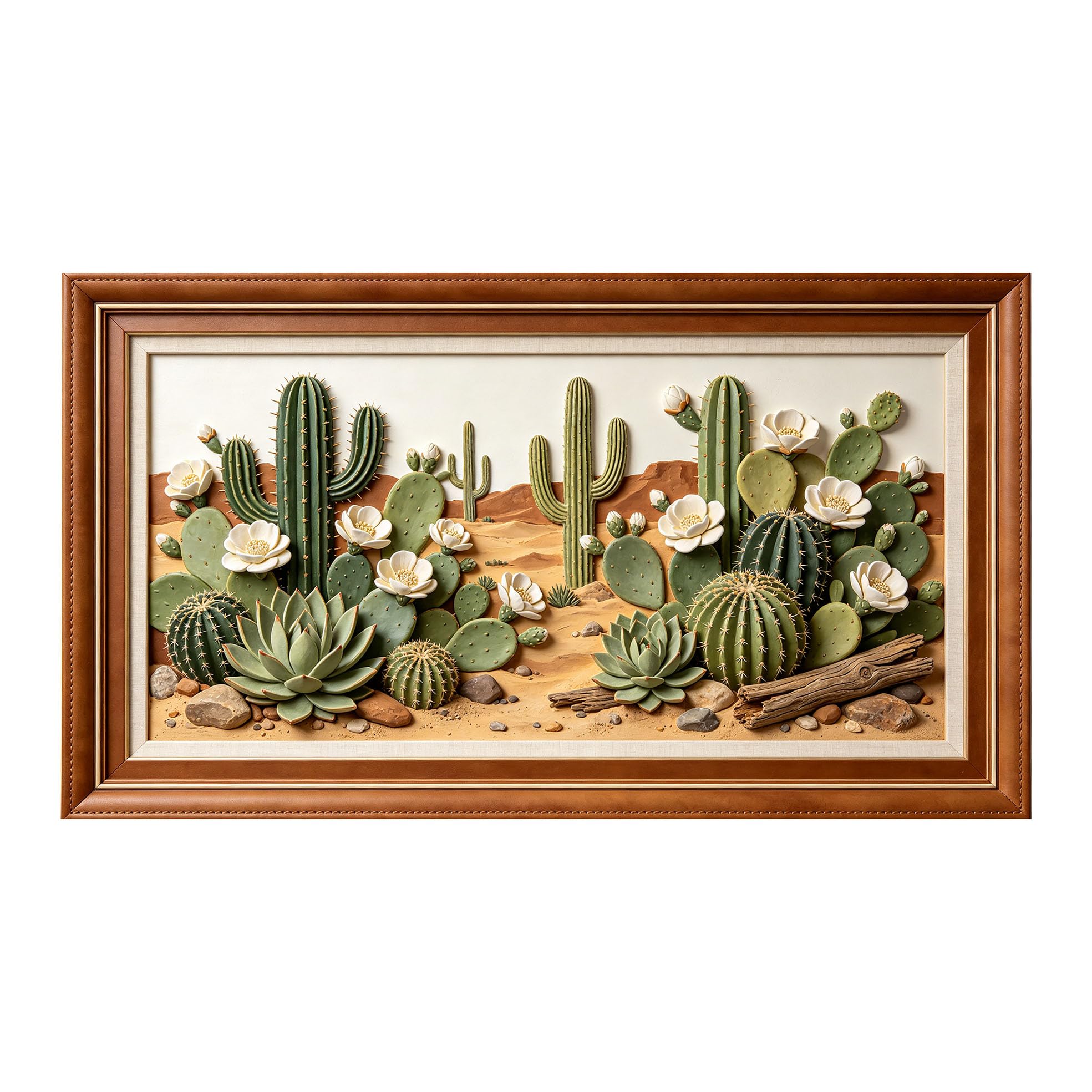 3D Framed Wall Art Desert Cactus Succulent Landscape Western Rustic Style SelfAdhesive Fabric Mural Wall Decor， Peel and Stick No Damage to Wall， AntiFall Safe Design for Bedroom Living Room