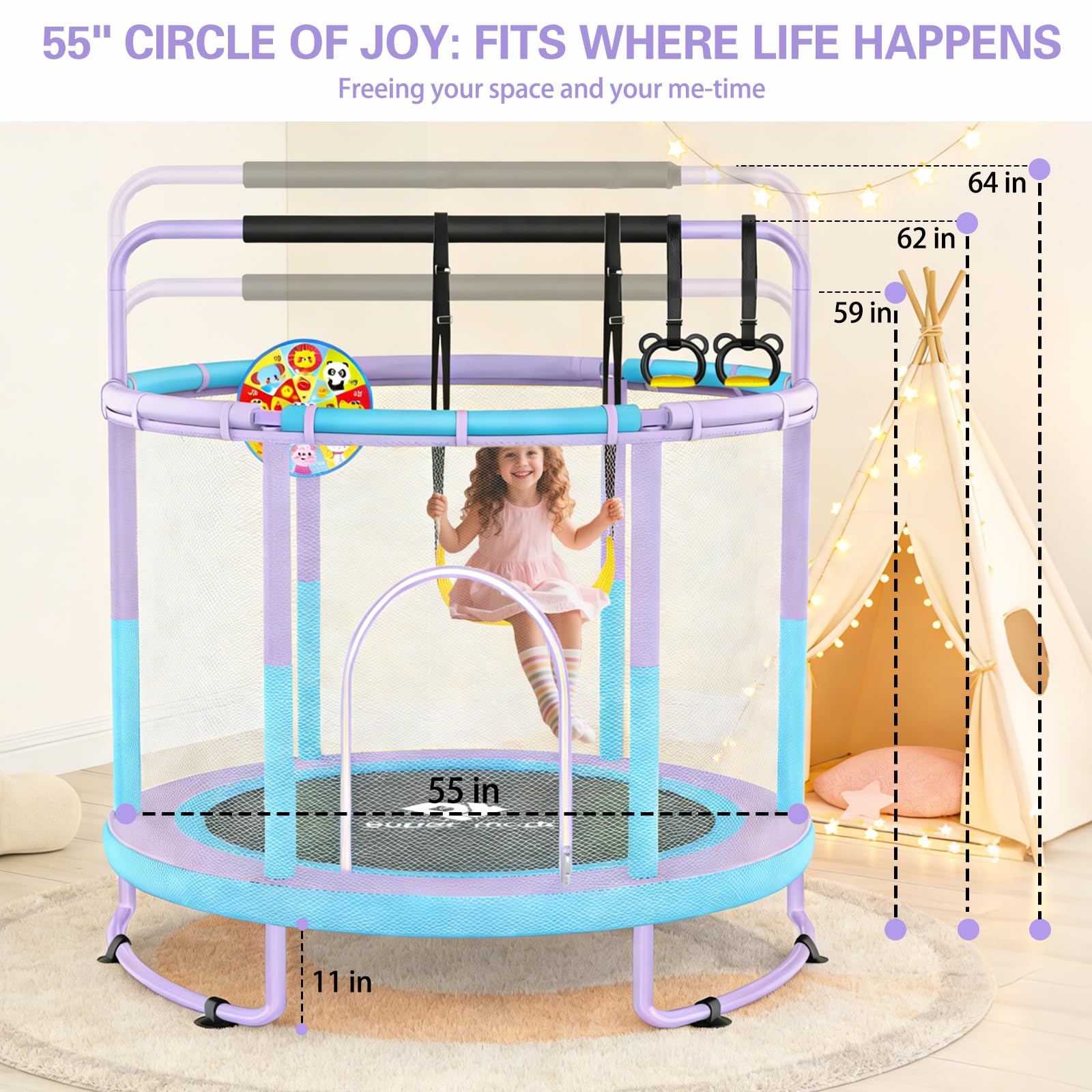 55-Zoll-Trampolin für Kinder für drinnen und draußen mit Sicherheitsnetz, Kleinkind-Trampolin mit Verstellbarer Turnstange und Spielzeug, lückenloses Sicherheitsdesign (lila und blau)
