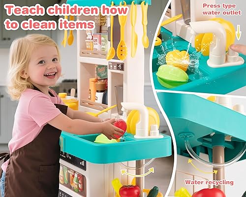 Miniatura 10 de Juego de cocina para niños, juego de cocina interactivo para niños con 50 piezas de juguetes de cocina de simulación, efectos de sonido realistas y