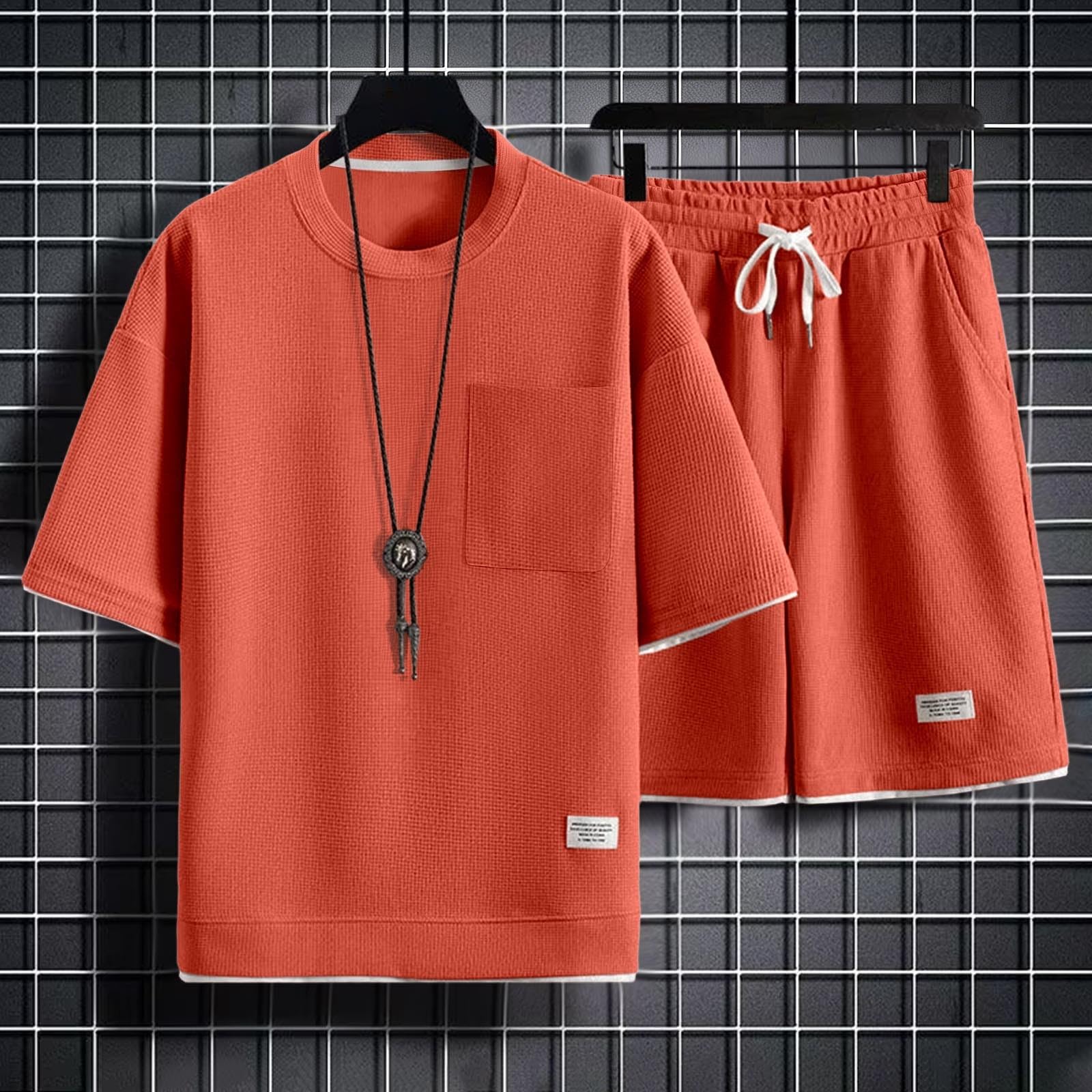 Waffle Sommer Outfit Herren 2 Teiler Herren Sommer Outfit Zweiteiler Kurz Trainingsanzug Shorts und Tshirt Set Sportanzug Jogginganzug Kurz Zweiteiler Freizeitanzug Sport Kleidung S-4XL
